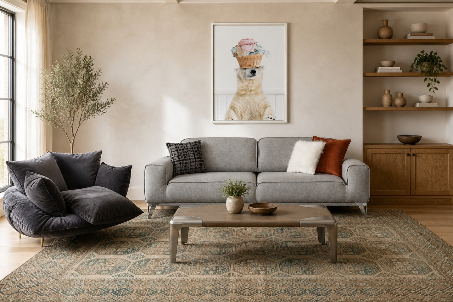 What size area rug for living room: 8x10 rug under sofa and chairs with visible floor border