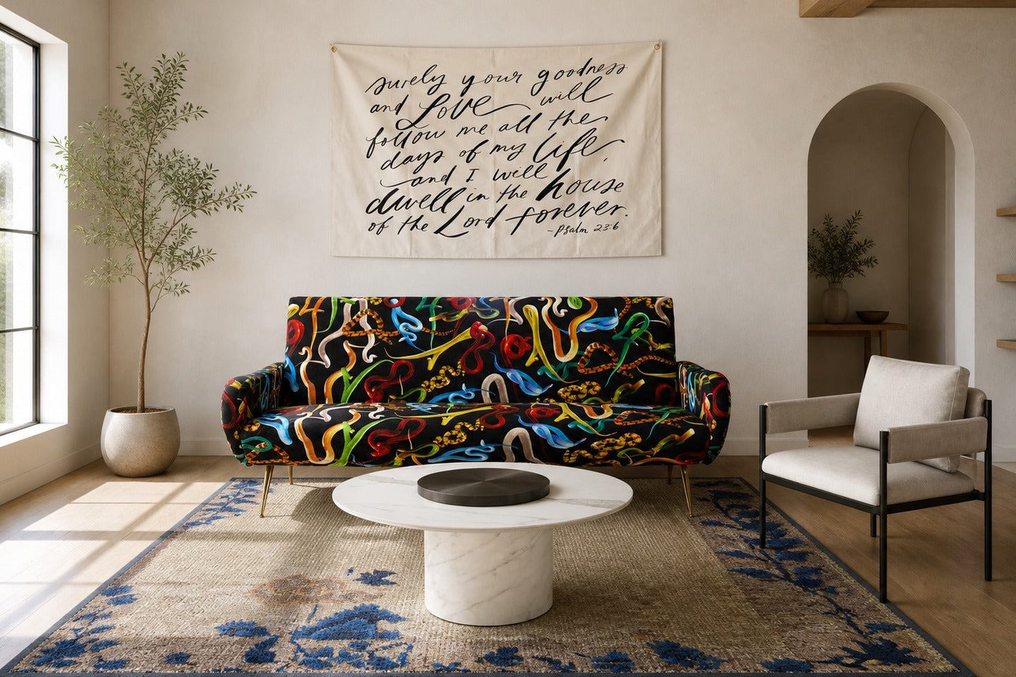 How to place rug under sofa showing front-legs-on placement with measurements in inches