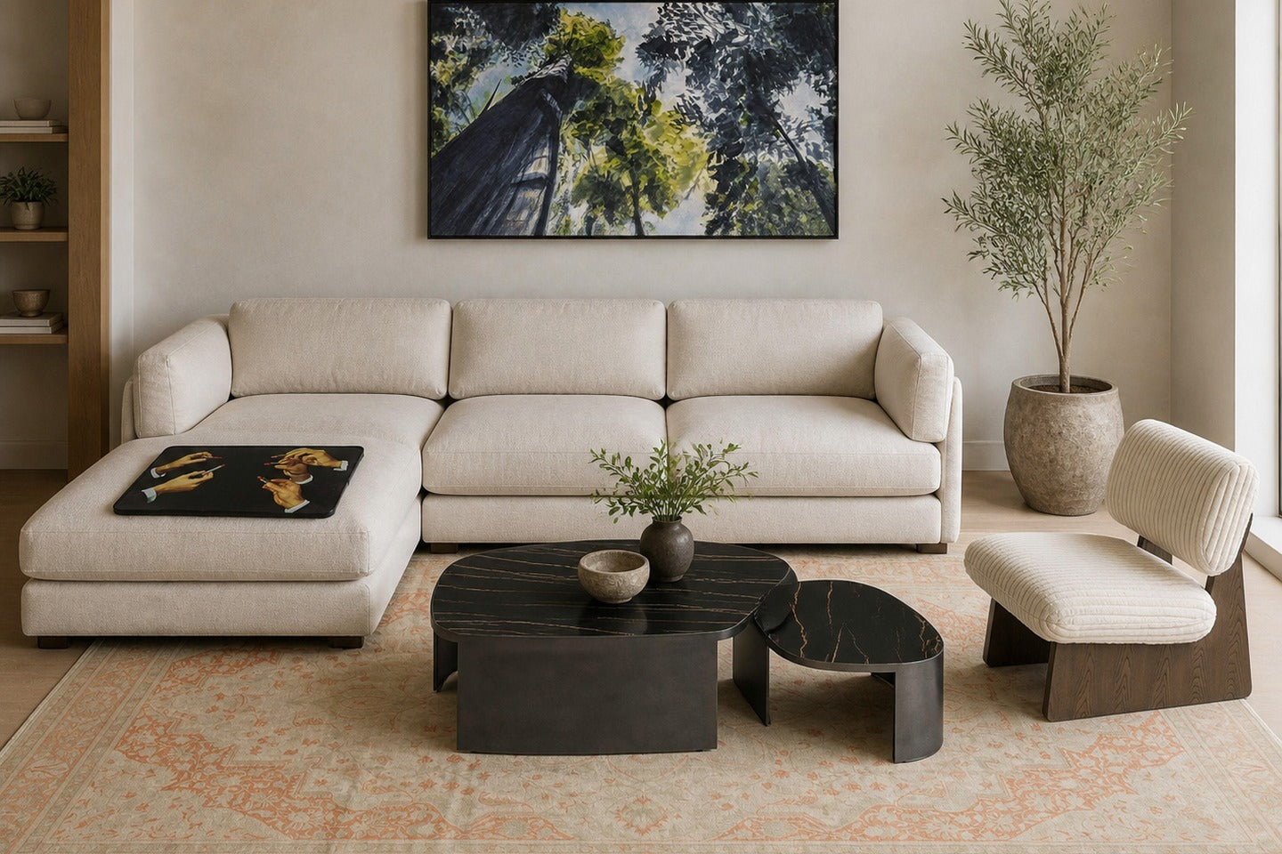 Round coffee table paired with an L-shaped sectional showing clearance and traffic flow