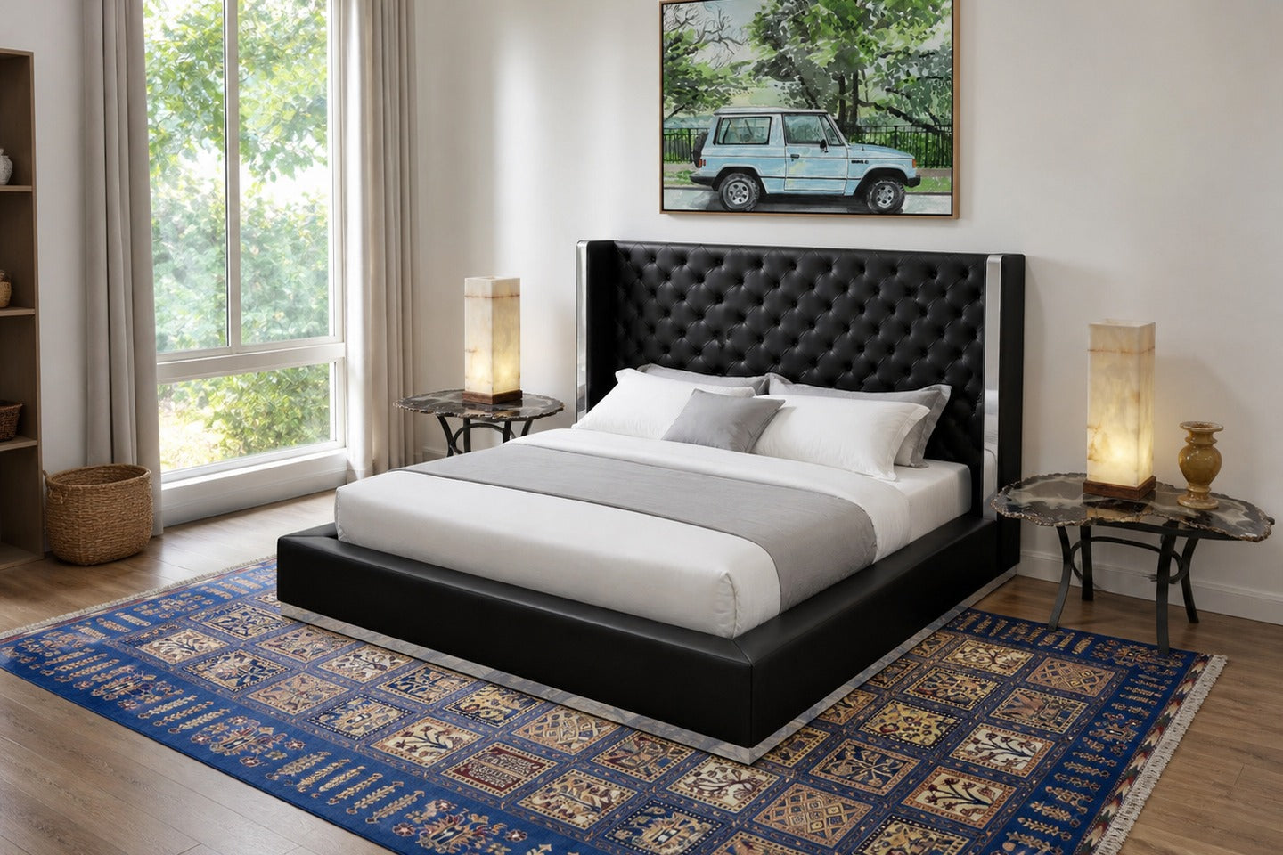 Measure the Mattress and Nightstand Together in a shoppable bedroom with coordinated furniture, lighting, rug and art.