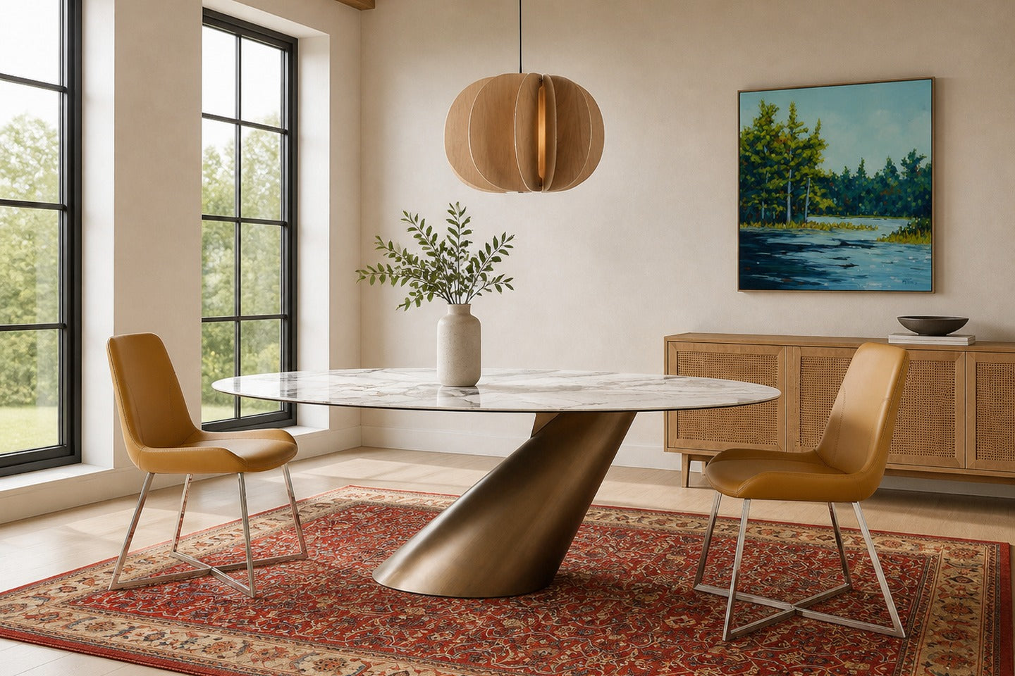 Size the Fixture From the Table First in a shoppable dining room with coordinated furniture, lighting, rug and art.
