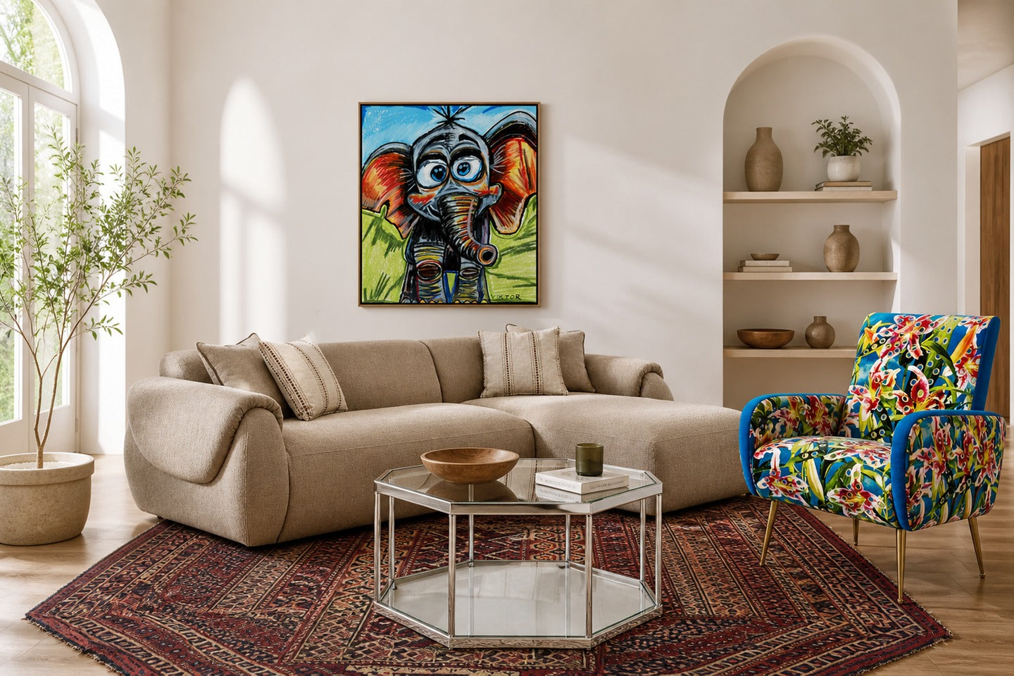 Measure From the Sofa Instead of the Ceiling in a shoppable living room with coordinated furniture, lighting, rug and art.