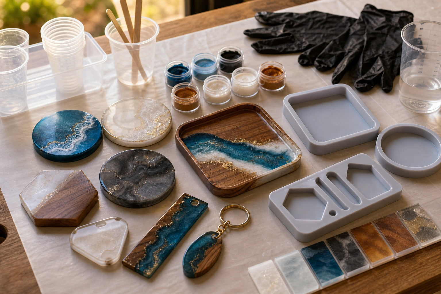 10 Beginner Resin Projects That Actually Teach the Basics hero image for a Resin Society guide with realistic resin, epoxy, wood, tools, or finished project details.