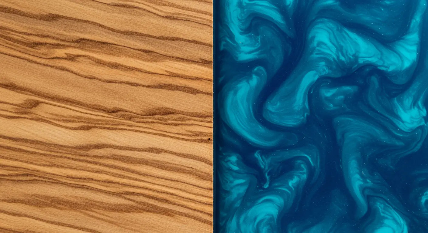A detailed macro shot of olive wood grain next to glossy epoxy resin, showing the marbled texture of the wood and the smooth clarity of the cured resin.