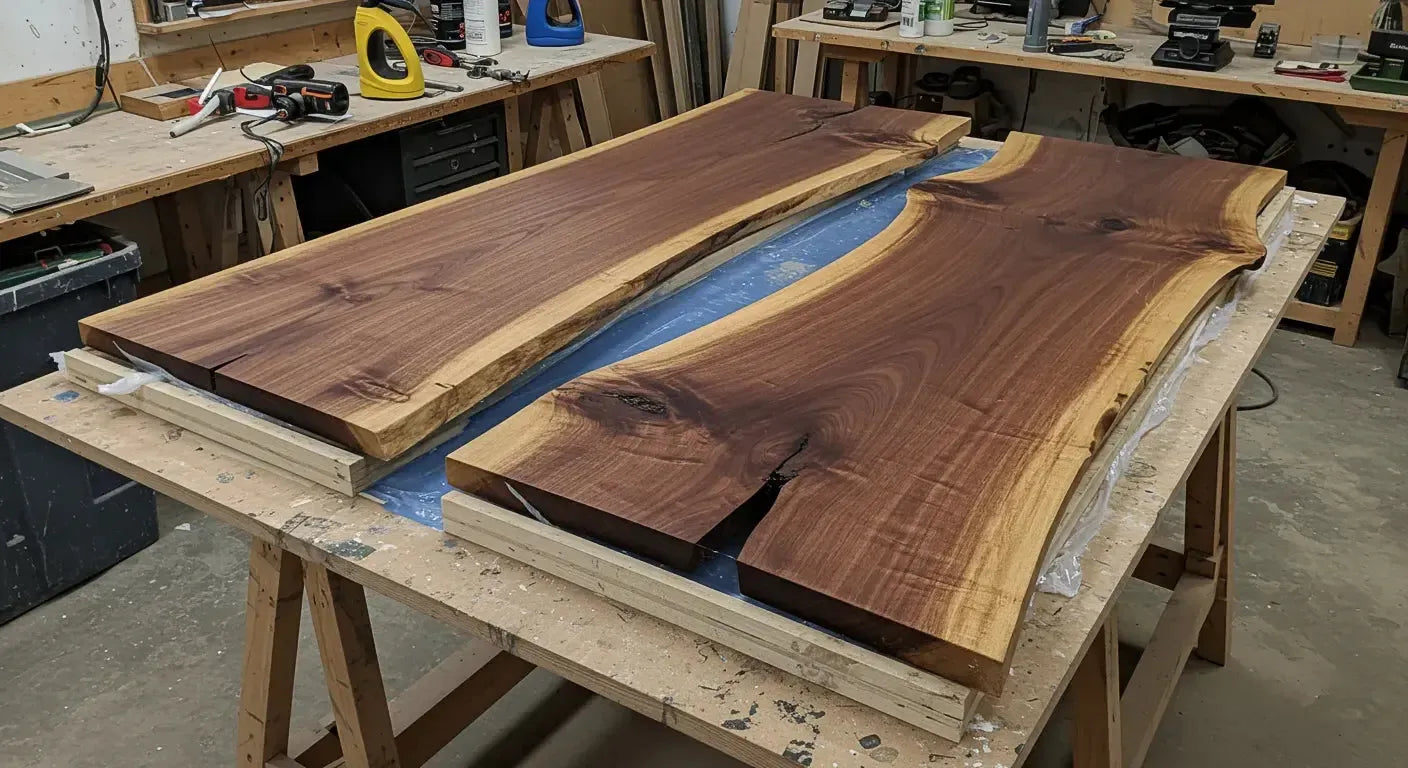 Finished river table build notes i wish i had before pouring hero image showing epoxy resin and wood for river table build notes i, with clear visual.