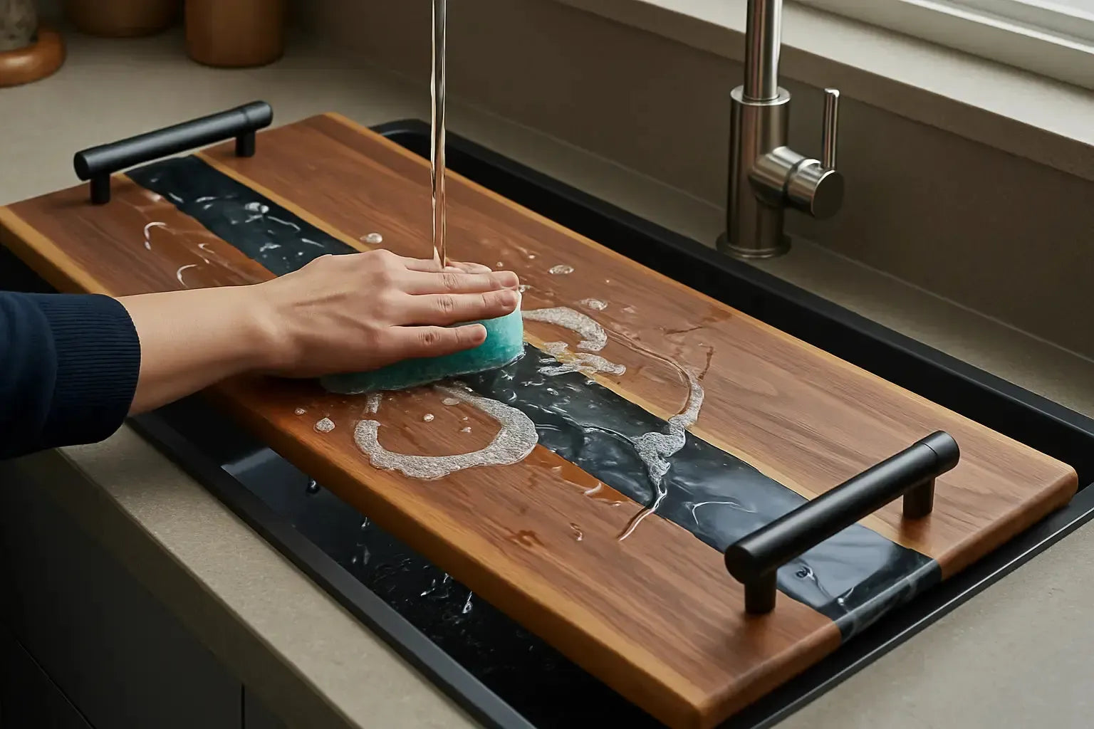 a charcuterie board being hand-washed in a modern kitchen sink. The board is made from live edge black walnut with a smoky black epoxy resin river running through the center.