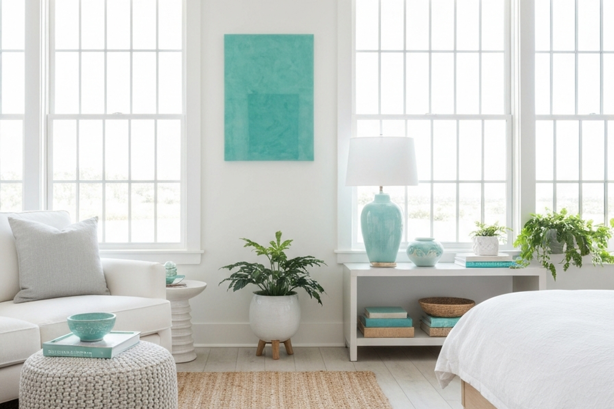 blue resin wall art shown as calm aqua resin wall art in a white coastal bedroom or reading corner