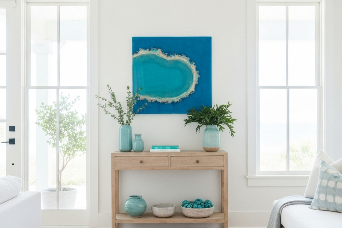 coastal resin art shown as blue resin wall art above a pale wood console in an airy coastal entryway