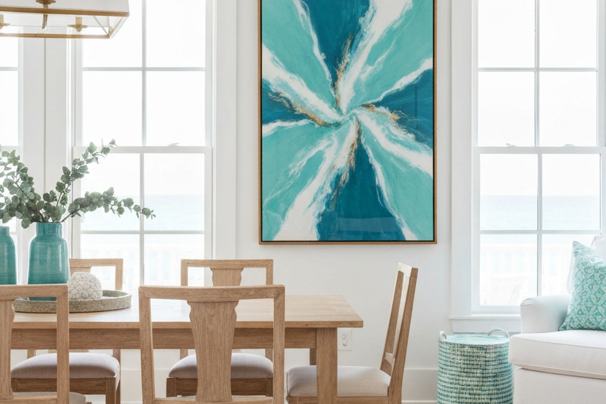 epoxy wall art shown as oversized abstract resin wall art in a bright coastal dining room with pale wood furniture