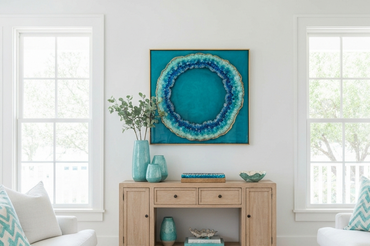 geode resin wall art shown as blue resin wall art above a pale wood console in an airy coastal entryway