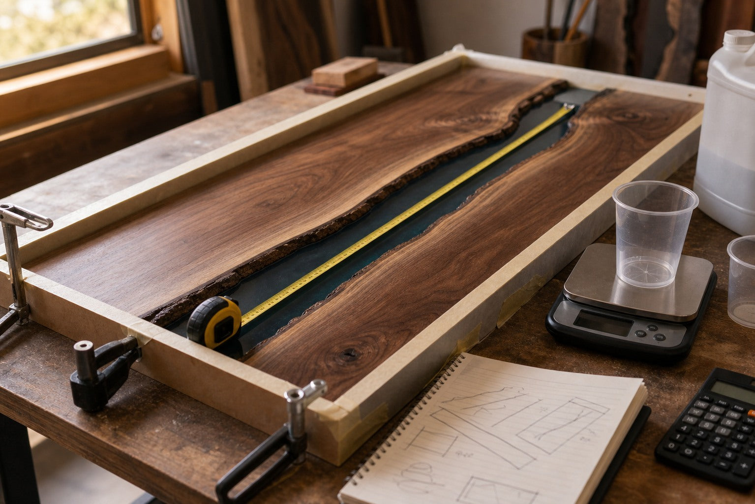 How Much Epoxy Do You Need for a River Table? The Math I’d Check First hero image for a Resin Society guide with realistic resin, epoxy, wood, tools, or finished project details.