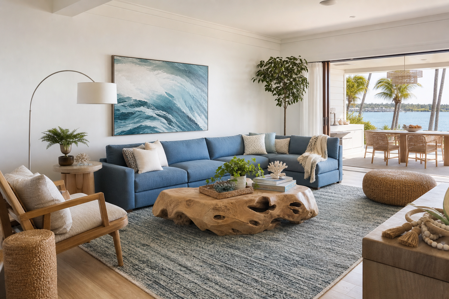 coastal living room statement piece shown in a bright coastal living room with Resin Society furniture and decor context