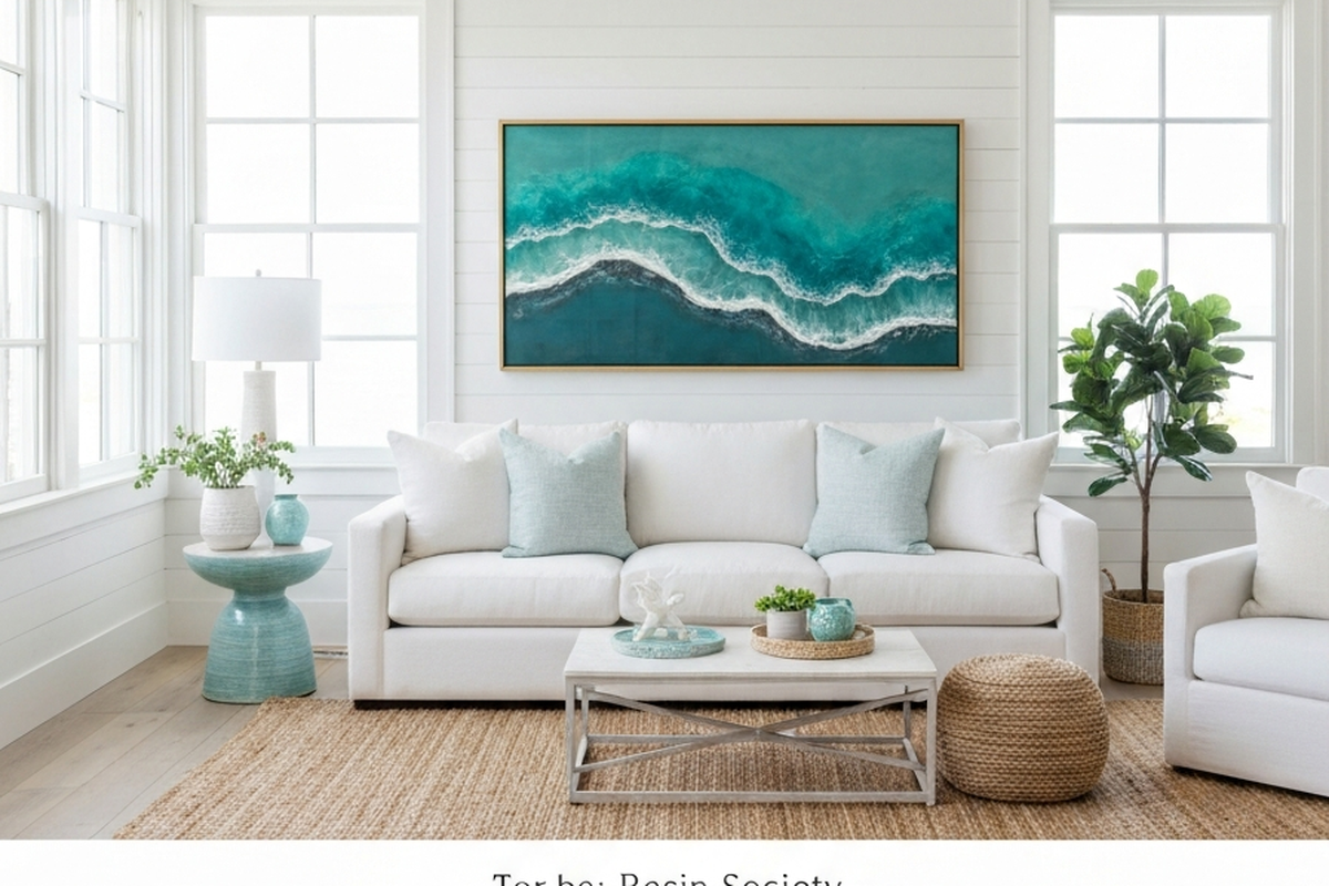 resin wall art over sofa shown as large ocean-inspired resin wall art in a bright coastal living room above a sofa