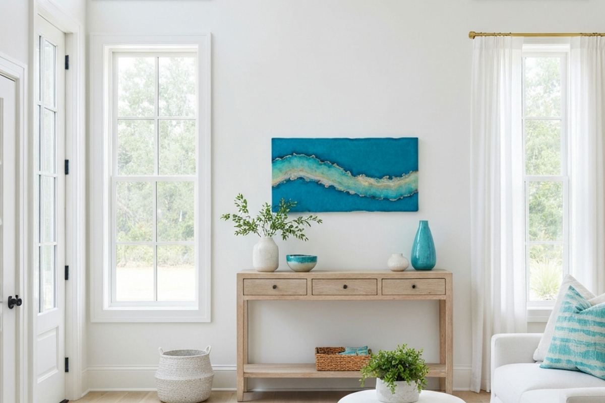 how to hang resin wall art shown as blue resin wall art above a pale wood console in an airy coastal entryway