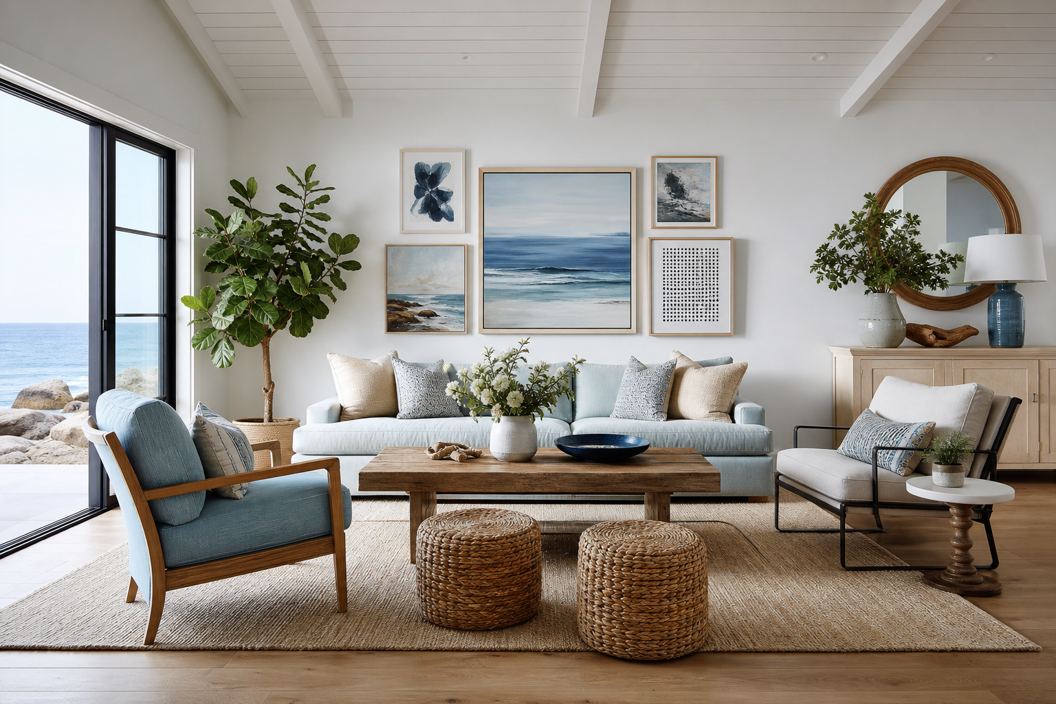 coastal room decor mix shown in a bright coastal living room with Resin Society furniture and decor context