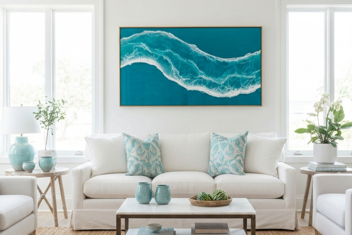 ocean wall art decor shown as large ocean-inspired resin wall art in a bright coastal living room above a sofa