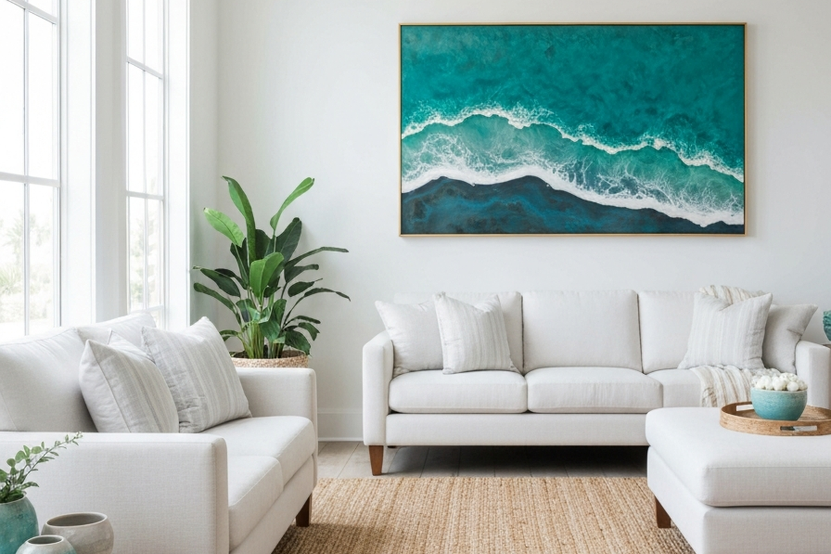 resin wall art white sofa shown as large ocean-inspired resin wall art in a bright coastal living room above a sofa