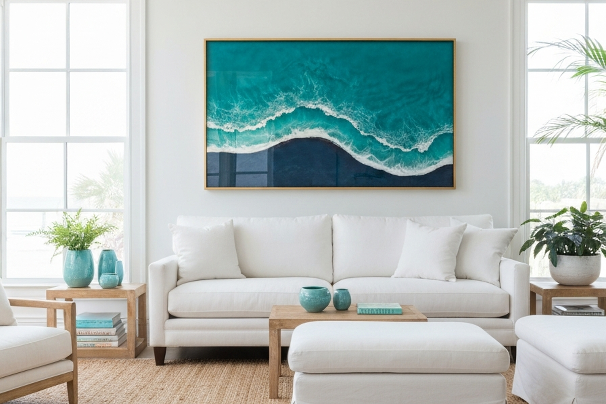 large resin wall art shown as large ocean-inspired resin wall art in a bright coastal living room above a sofa