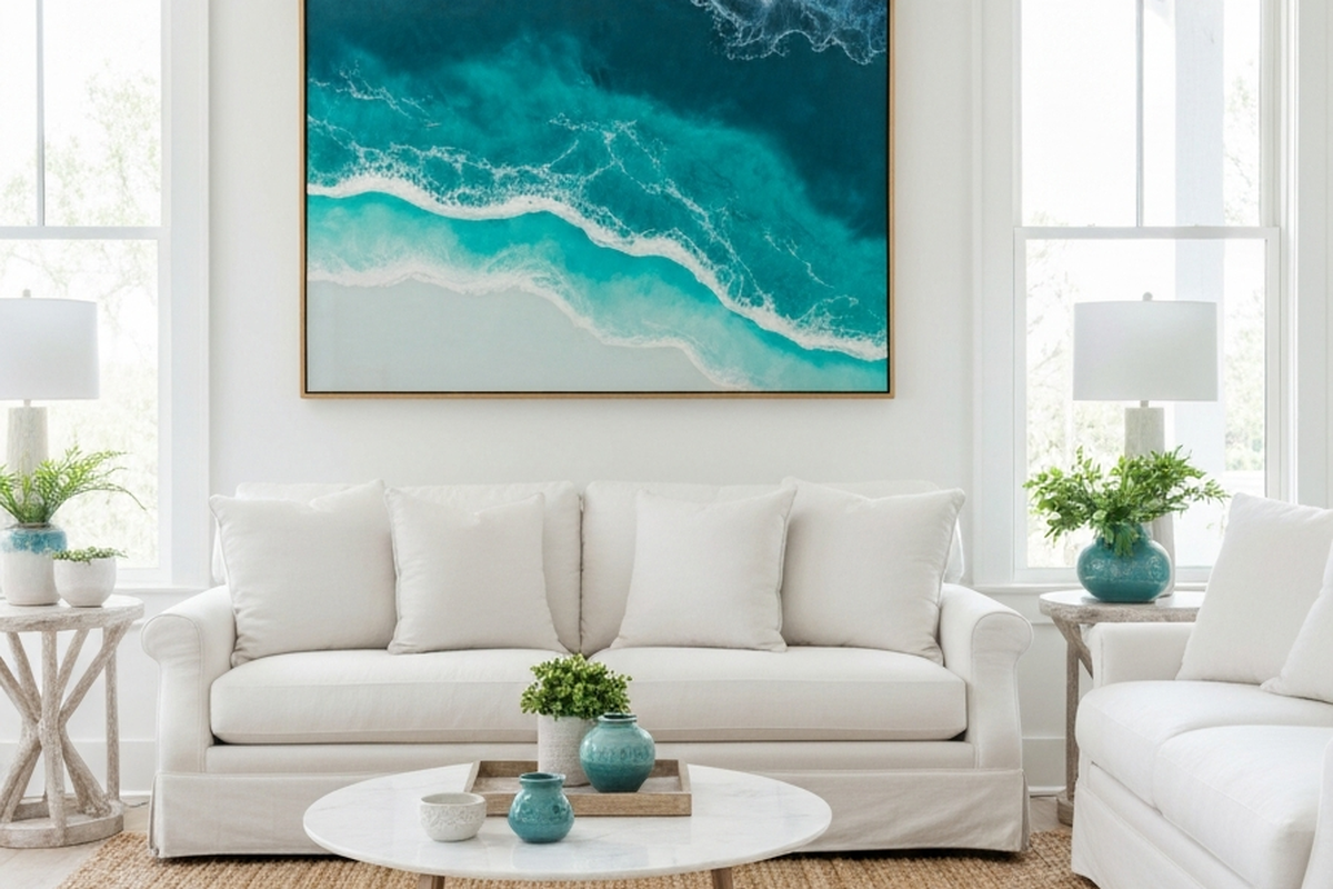 ocean resin wall art shown as large ocean-inspired resin wall art in a bright coastal living room above a sofa