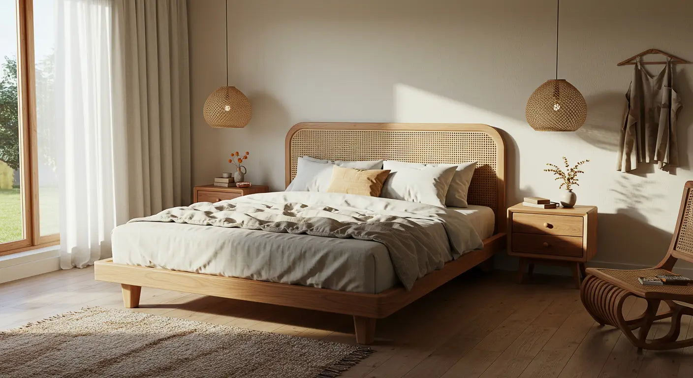 unlit organic modern bedroom with low platform bed, light wood headboard, textured linen bedding