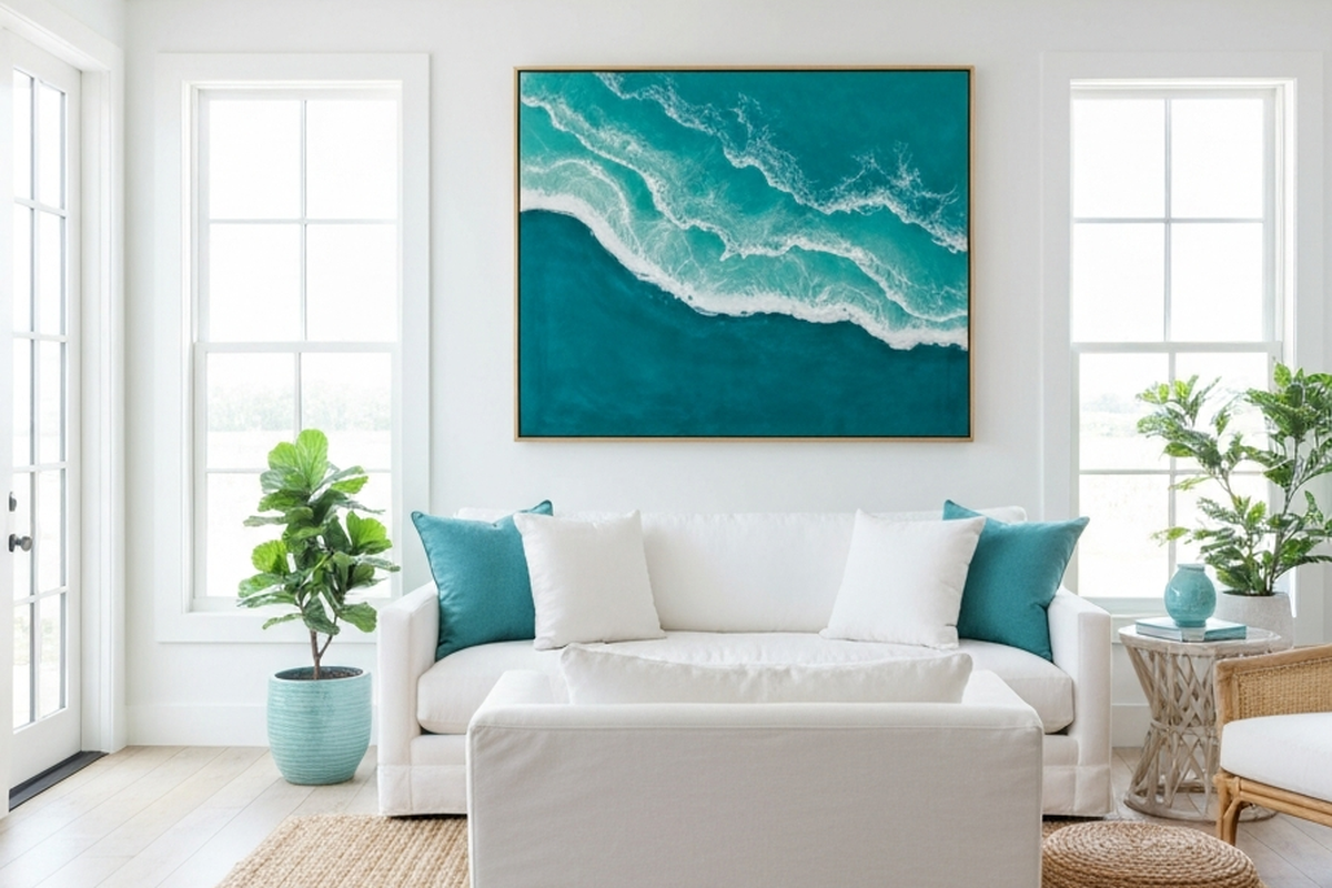 beach house resin wall art shown as large ocean-inspired resin wall art in a bright coastal living room above a sofa
