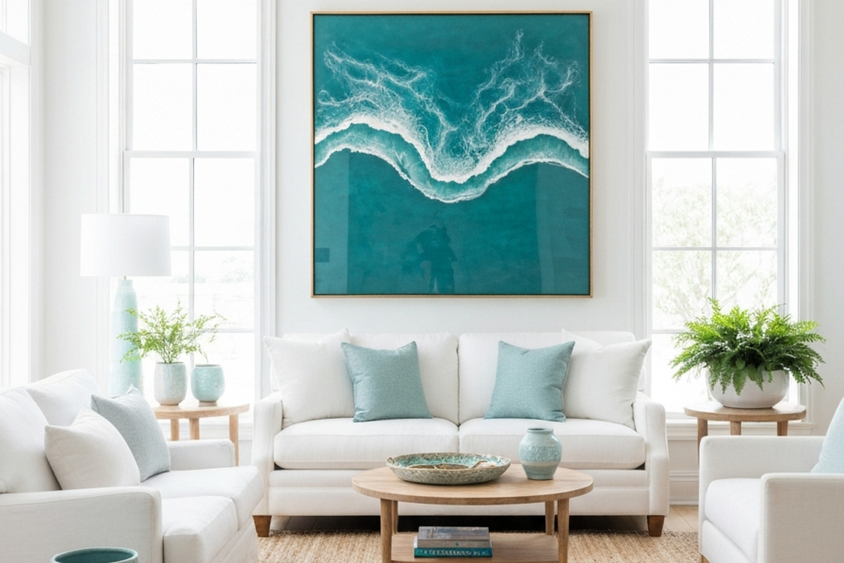 resin wall art dining room shown as large ocean-inspired resin wall art in a bright coastal living room above a sofa
