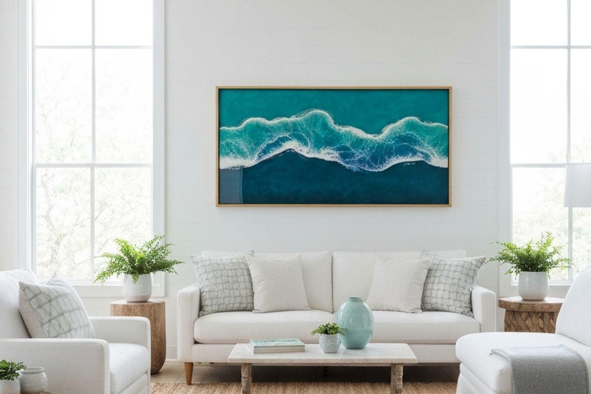 resin wall decor mistakes shown as large ocean-inspired resin wall art in a bright coastal living room above a sofa