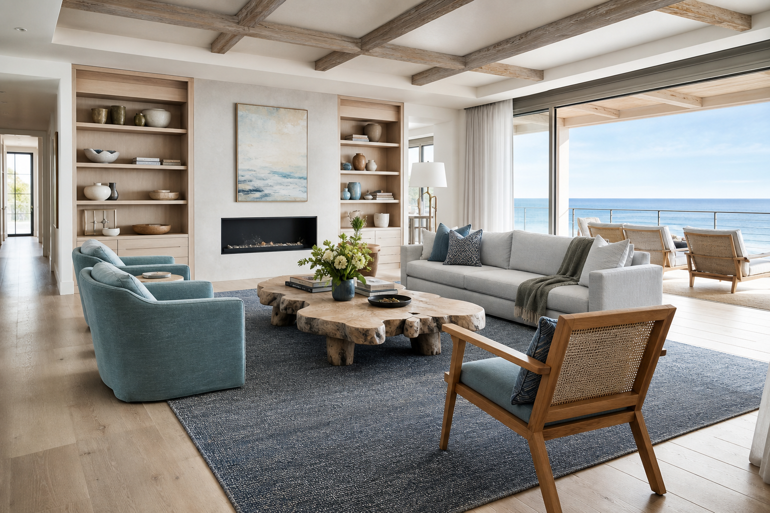 sofa rug coffee table rules shown in a bright coastal living room with Resin Society furniture and decor context