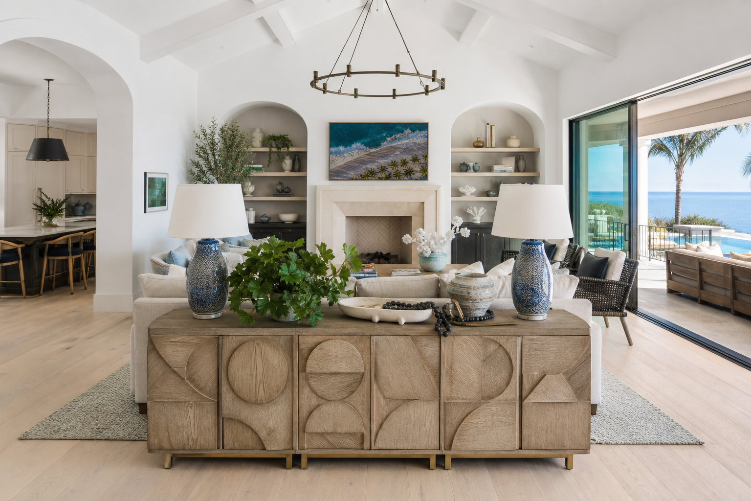 statement furniture living room shown in a bright coastal living room with Resin Society furniture and decor context
