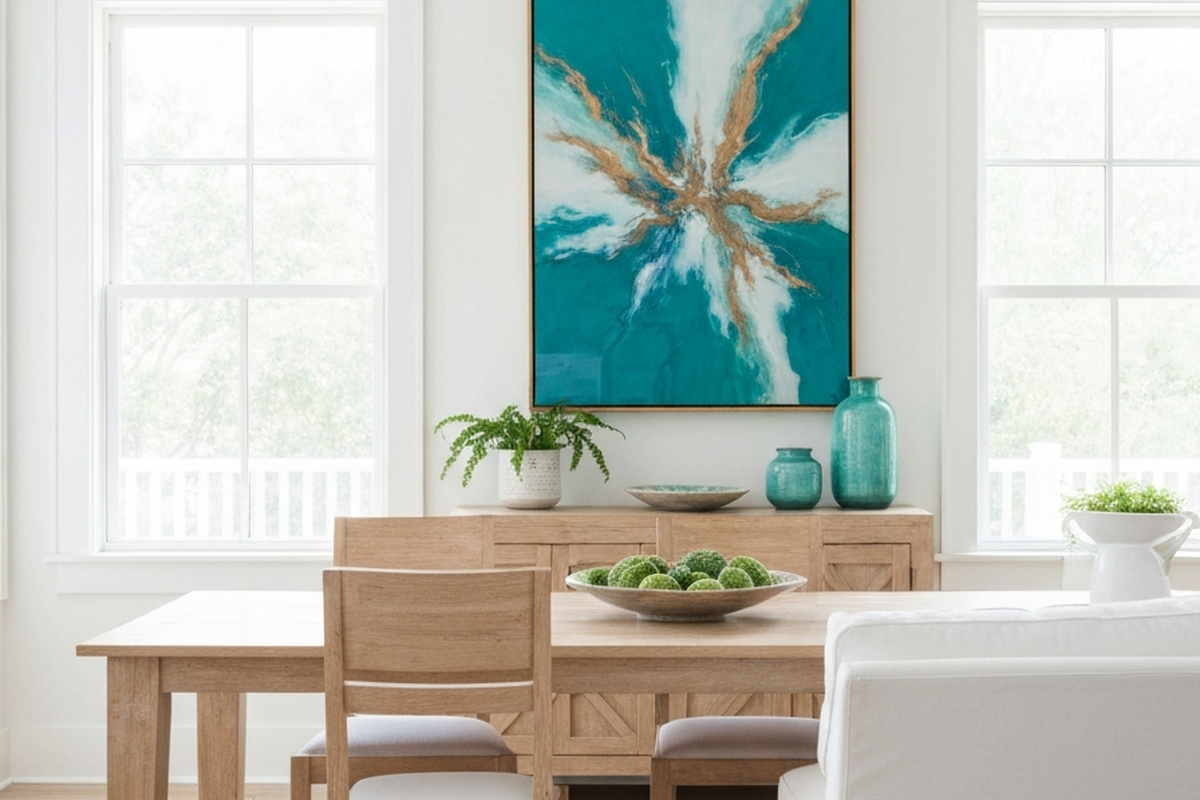 statement wall art coastal shown as oversized abstract resin wall art in a bright coastal dining room with pale wood furniture