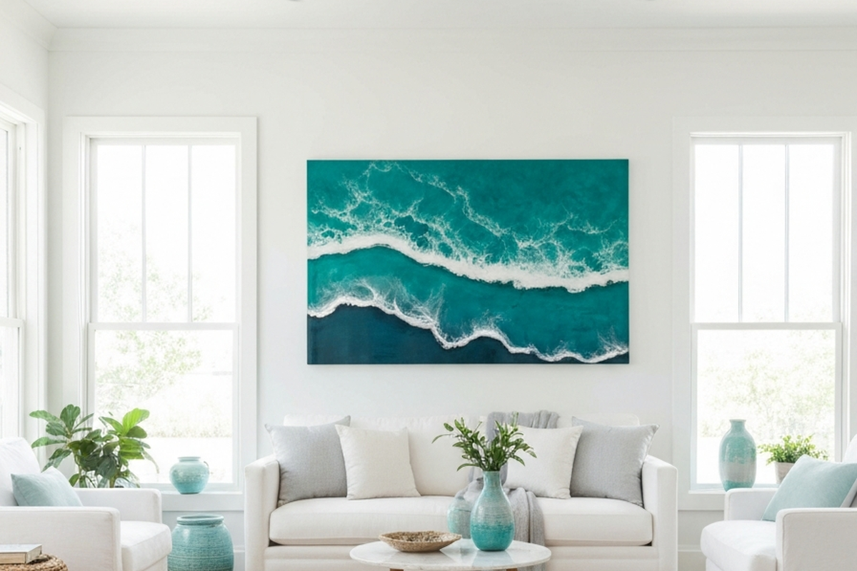resin wall art checklist shown as large ocean-inspired resin wall art in a bright coastal living room above a sofa