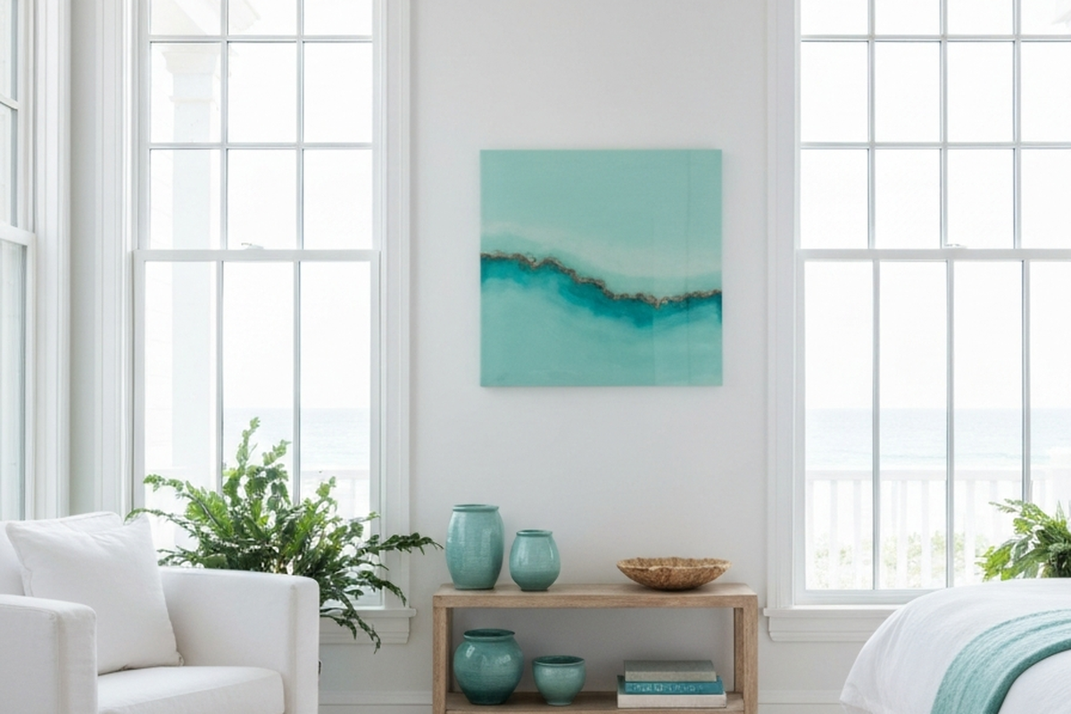 resin wall art colors shown as calm aqua resin wall art in a white coastal bedroom or reading corner
