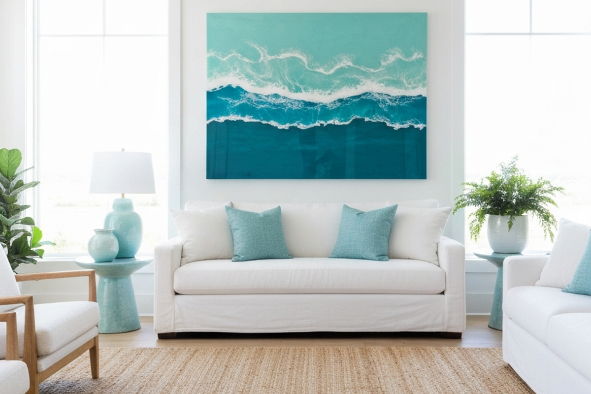 resin wall art colors shown as large ocean-inspired resin wall art in a bright coastal living room above a sofa