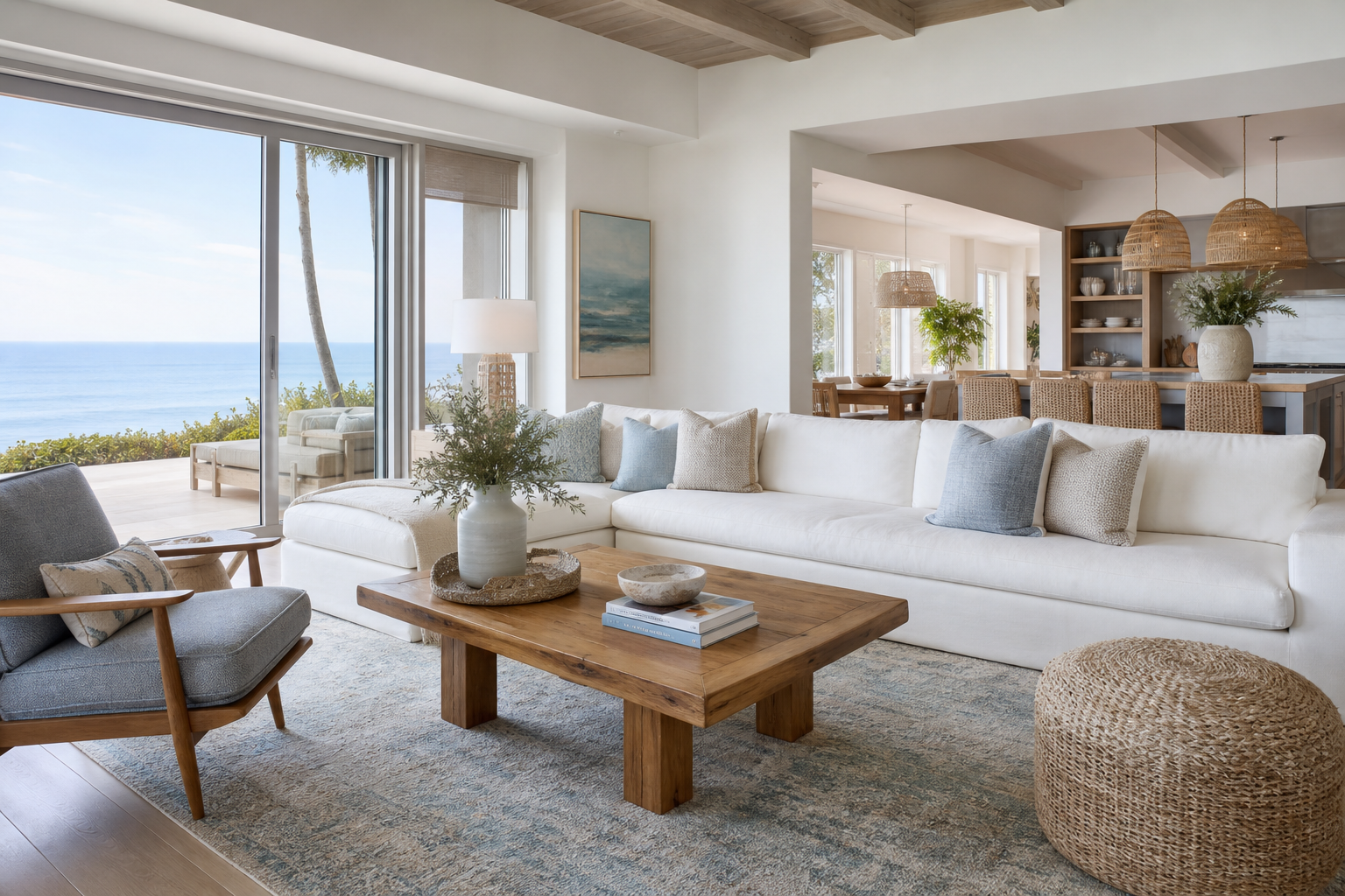 white sofa wood coffee table ideas shown in a bright coastal living room with Resin Society furniture and decor context