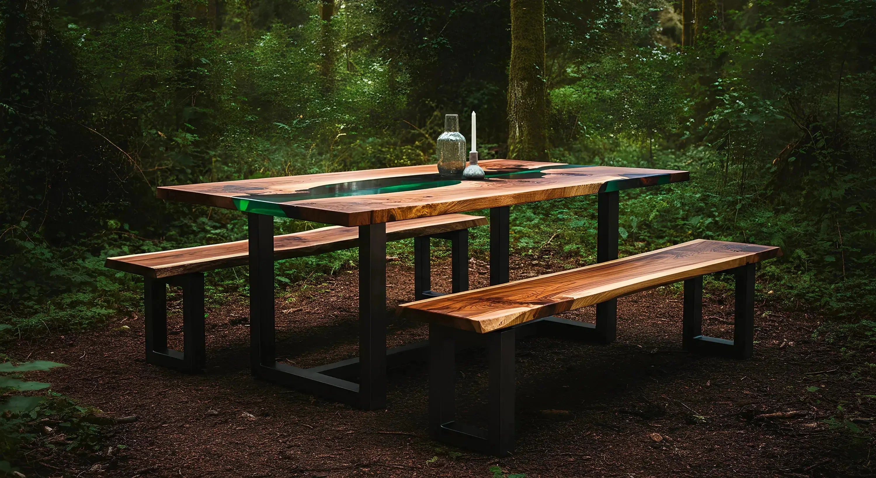 epoxy_resin_dining_table_and_benches_in_forest_setting_outside