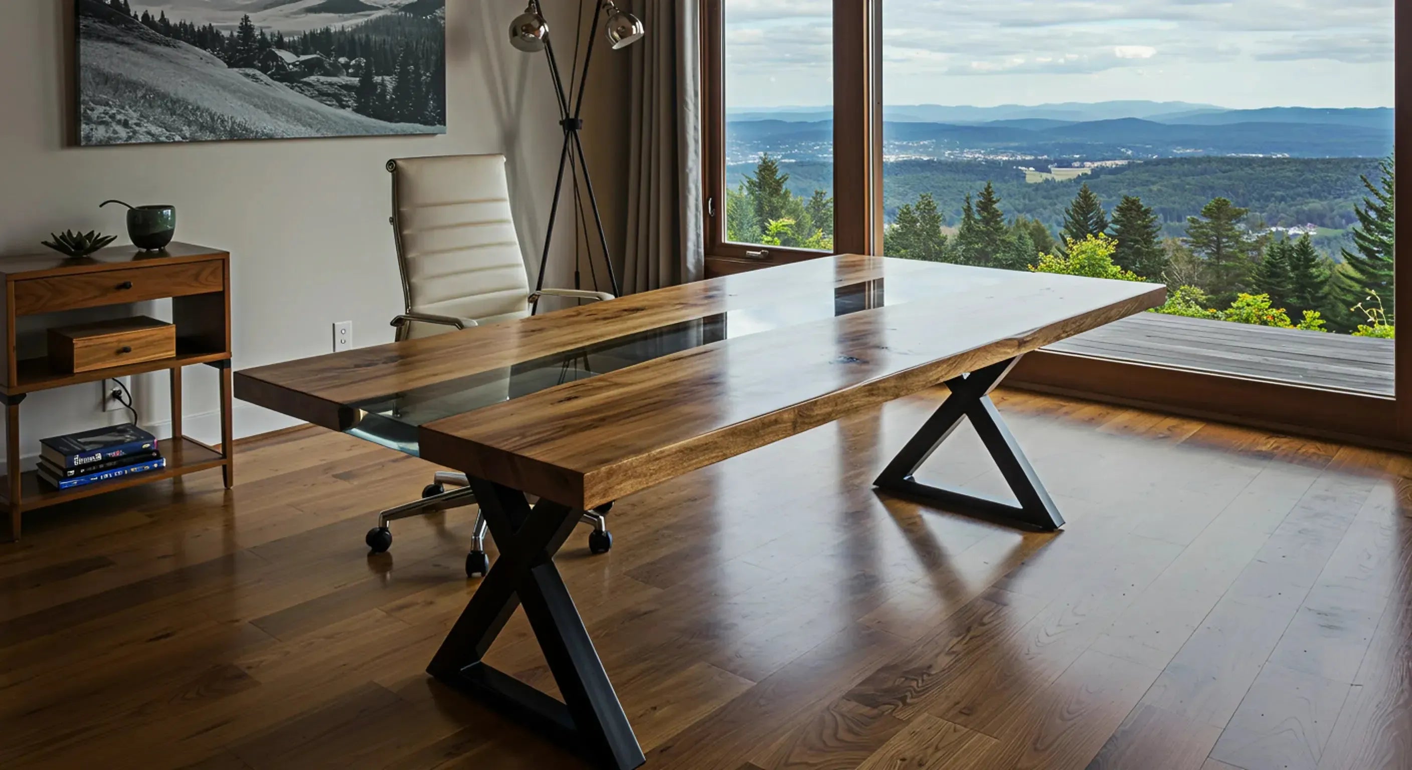 epoxy resin desk with black epoxy, walnut wood, and metal x legs in a beautiful home office in a cabin with floor to ceiling windows and a view of the mountain side