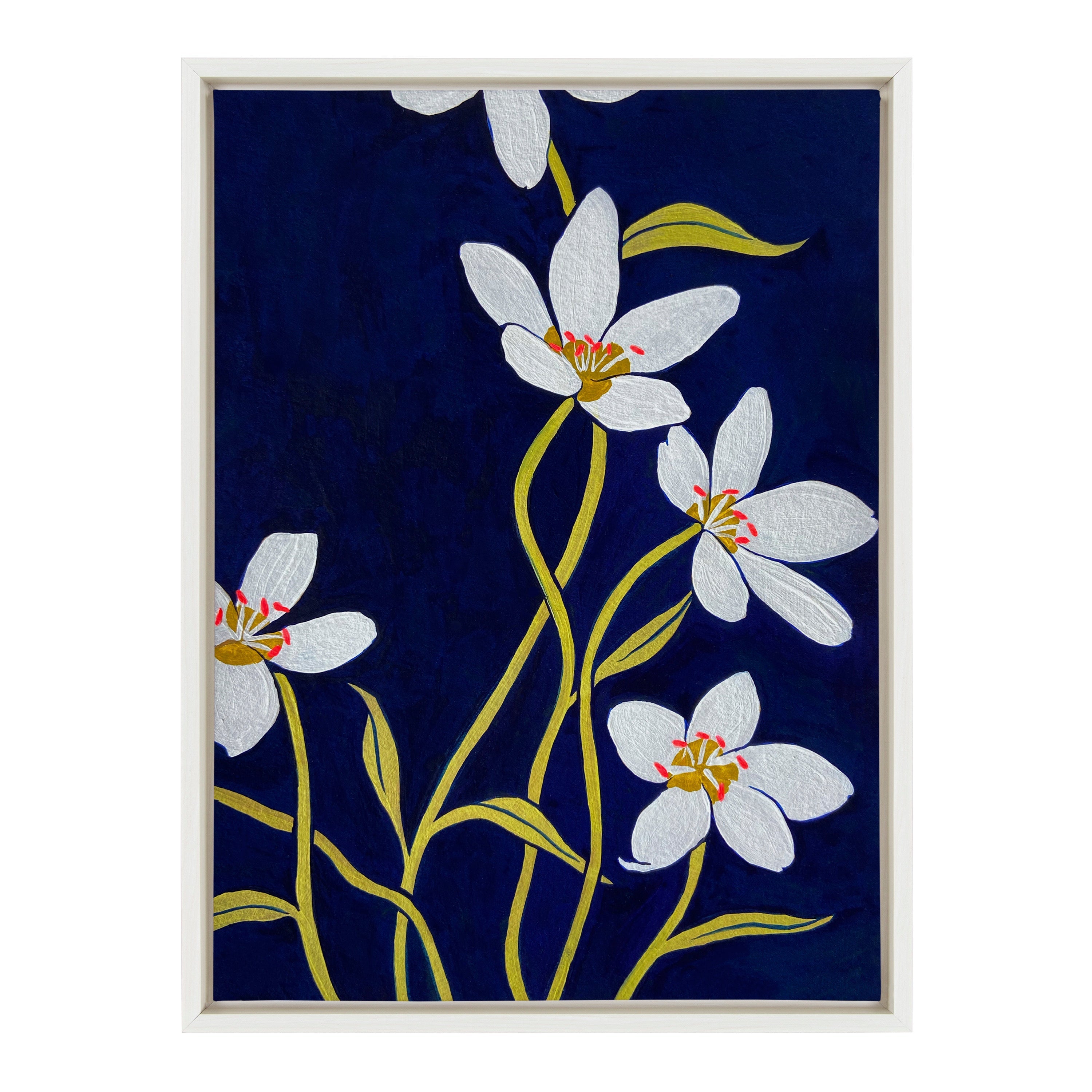 Sylvie Spring Beauties framed canvas art by Emma Daisy, showing floral motifs with a Beaded Gold frame against a neutral wall.