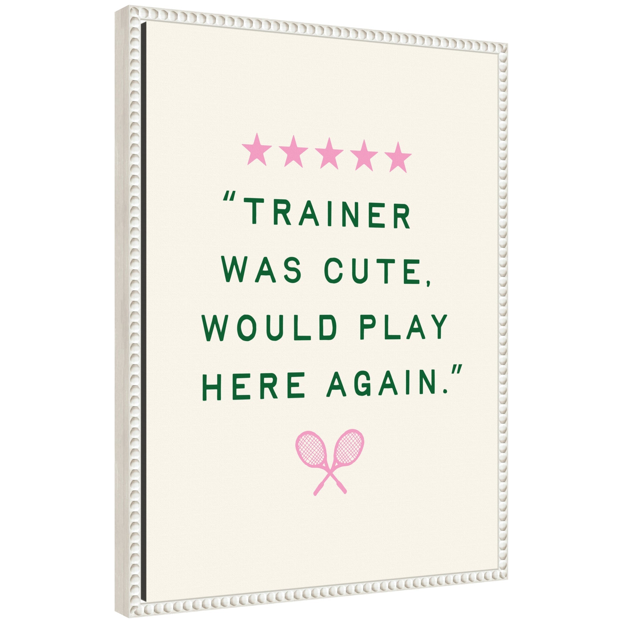 Framed canvas print titled 'Trainer Was Cute Would Play Here Again' by Lucky Guava showing a whimsical stylized image with text, in a beaded white Sylvie frame.