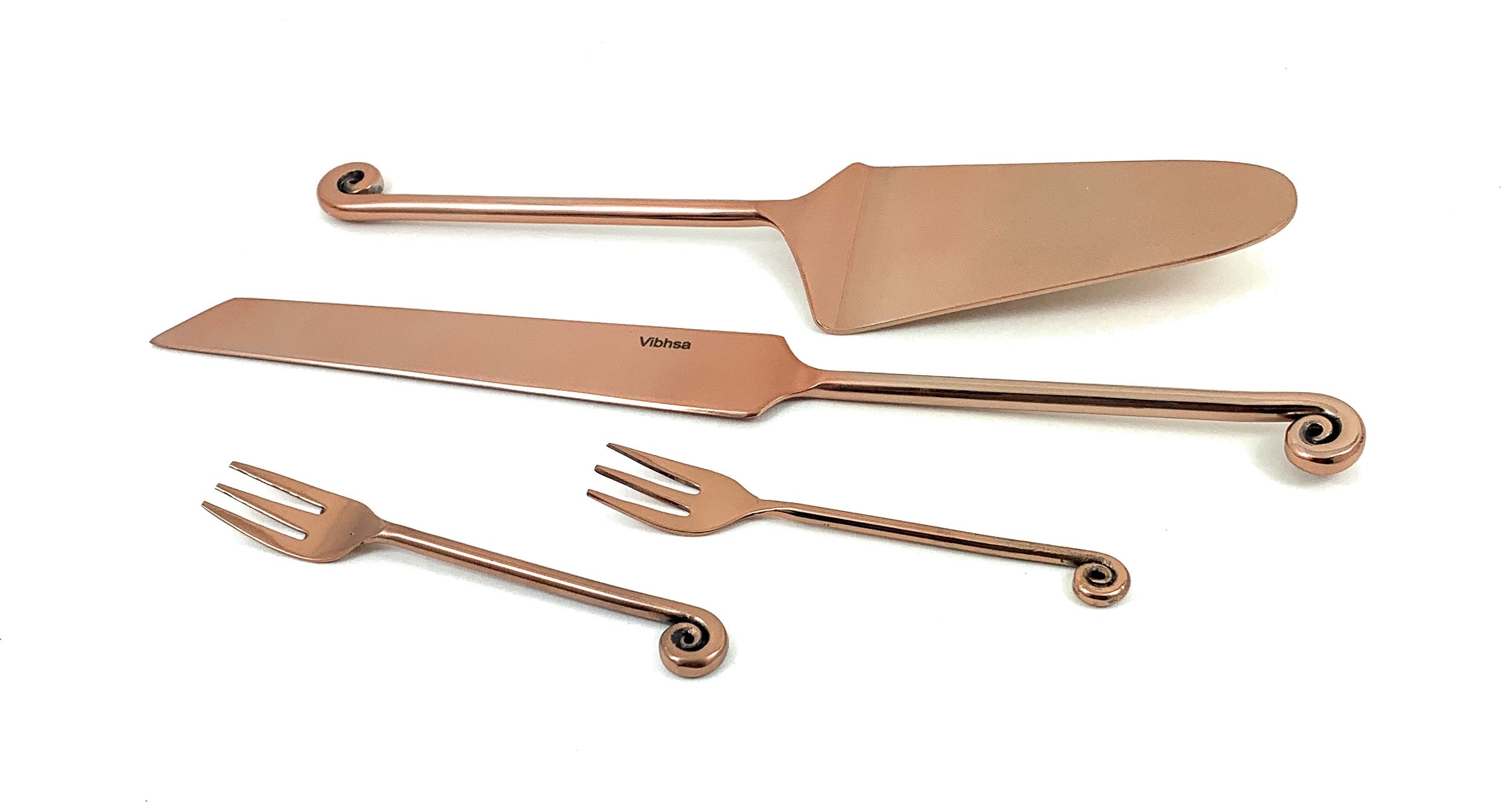 Cake Cutting Serving Set with Forks featuring copper finish handles on knife and server alongside matching forks