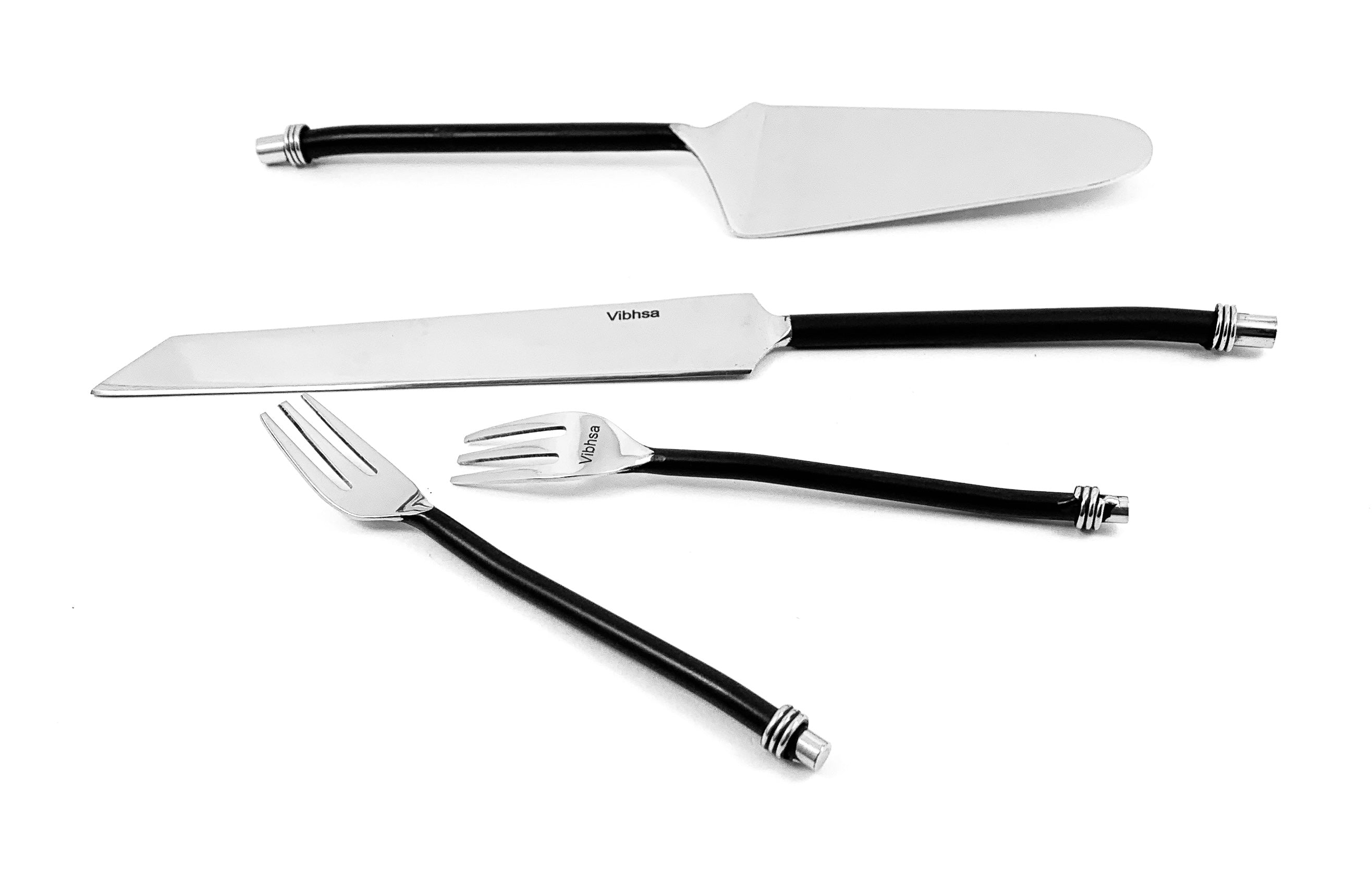 Cake Cutting & Serving Set with black twisted handles displayed on a wooden surface