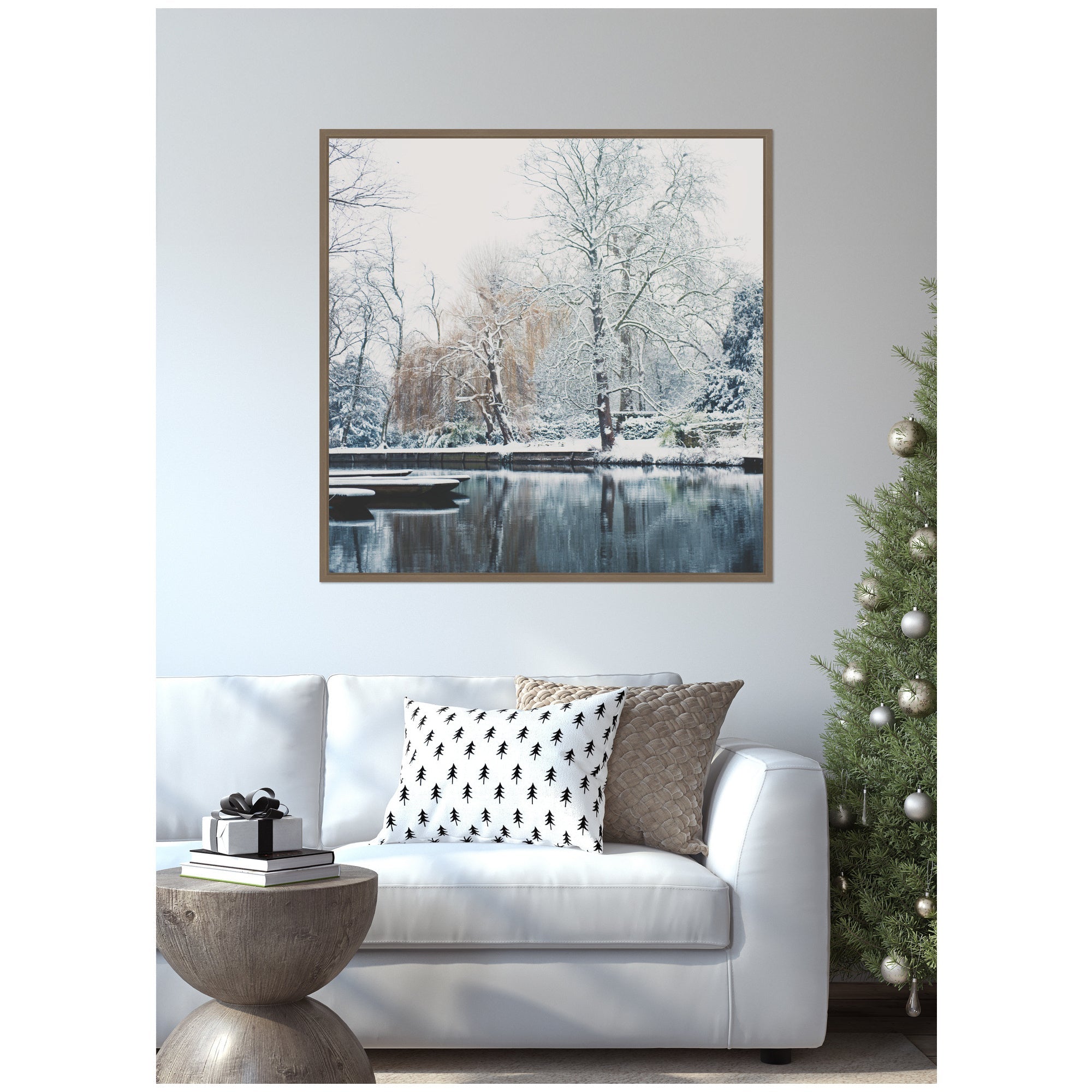 Sylvie Framed Canvas Snow Covered Punts on the River Cam by Laura Evans