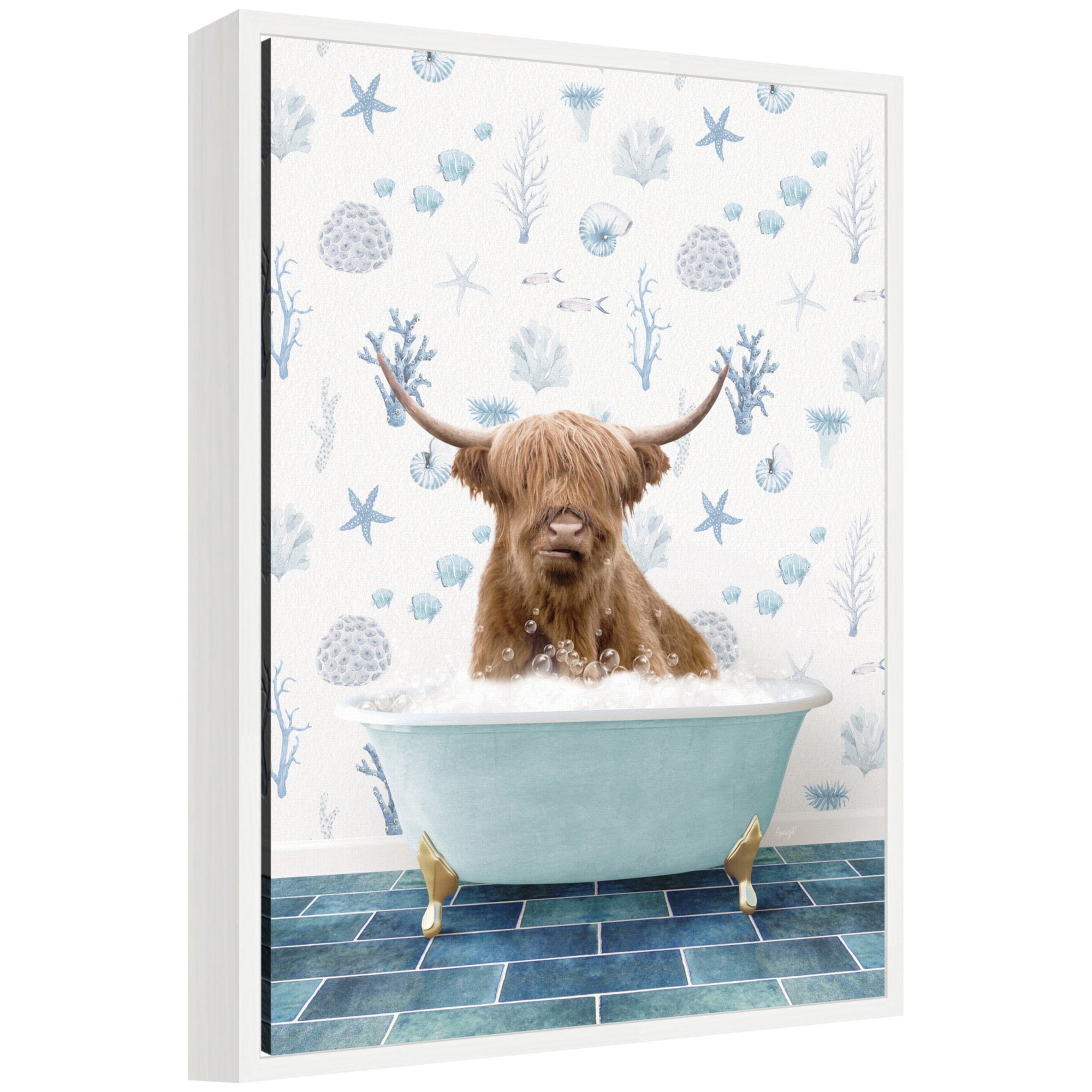 Framed canvas art showing a Highland cow sitting in an under the sea themed bathtub by Amy Peterson
