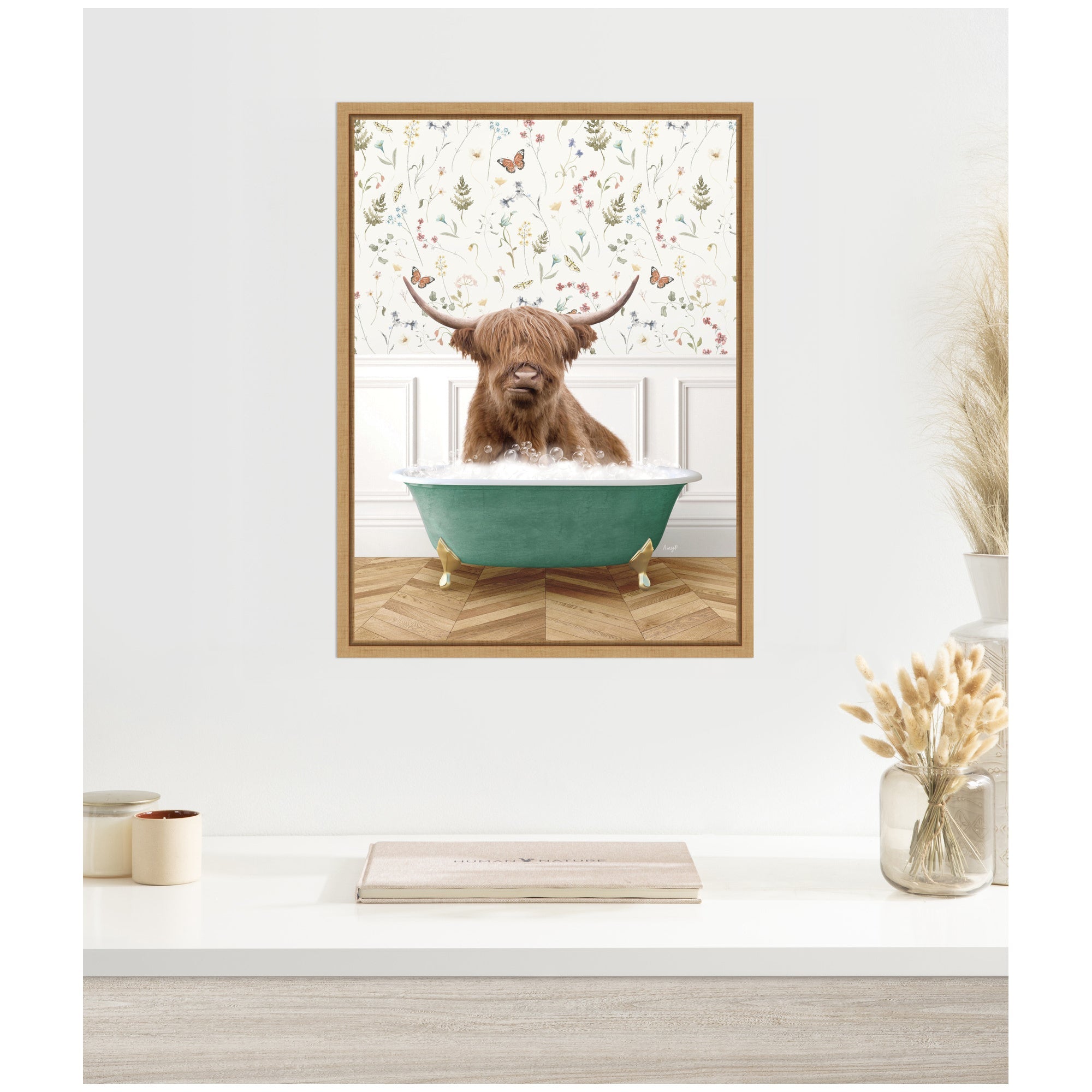 Sylvie Highland Cow in Meadow Bathtub Framed Canvas by Amy Peterson