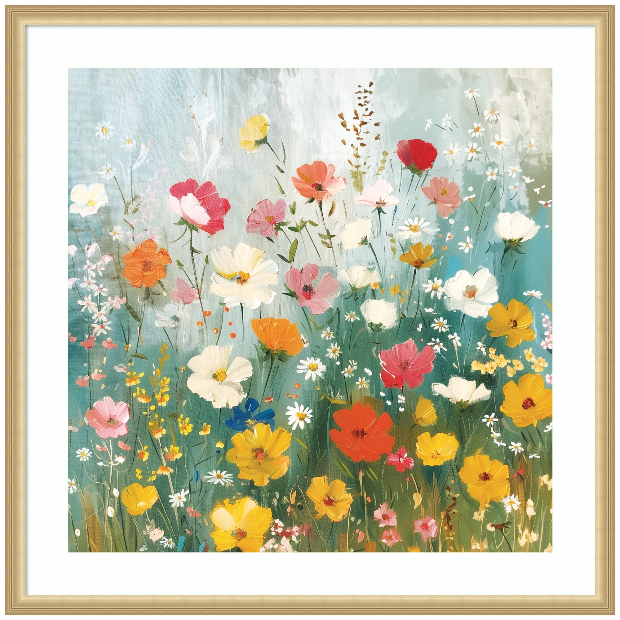 Framed Boho Wildflower Garden artwork showing vibrant wildflowers in reds, yellows, whites, and pinks on a soft, dreamy background