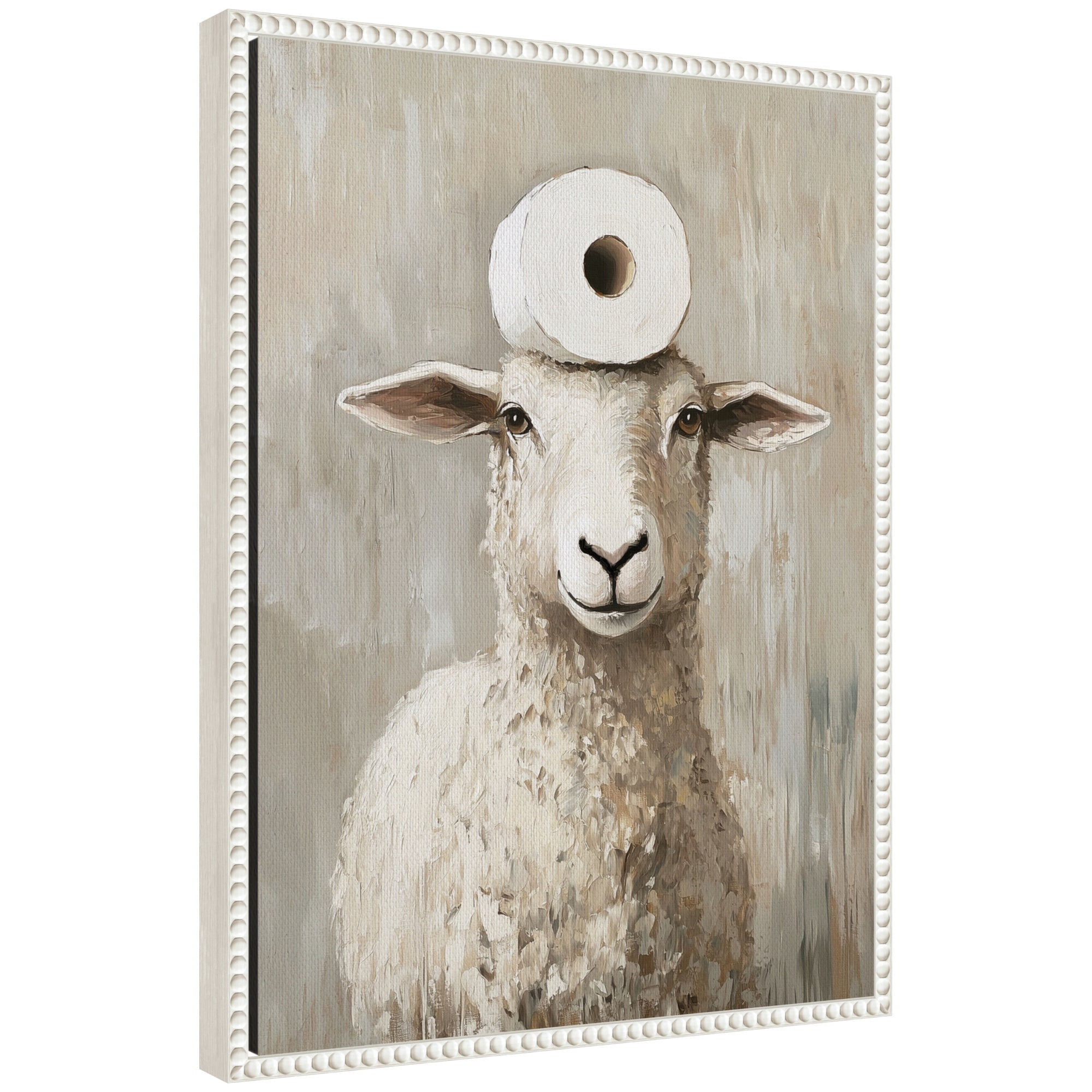 Framed canvas art of a toilet paper roll balanced on a cute sheep's head, with vintage beaded frame