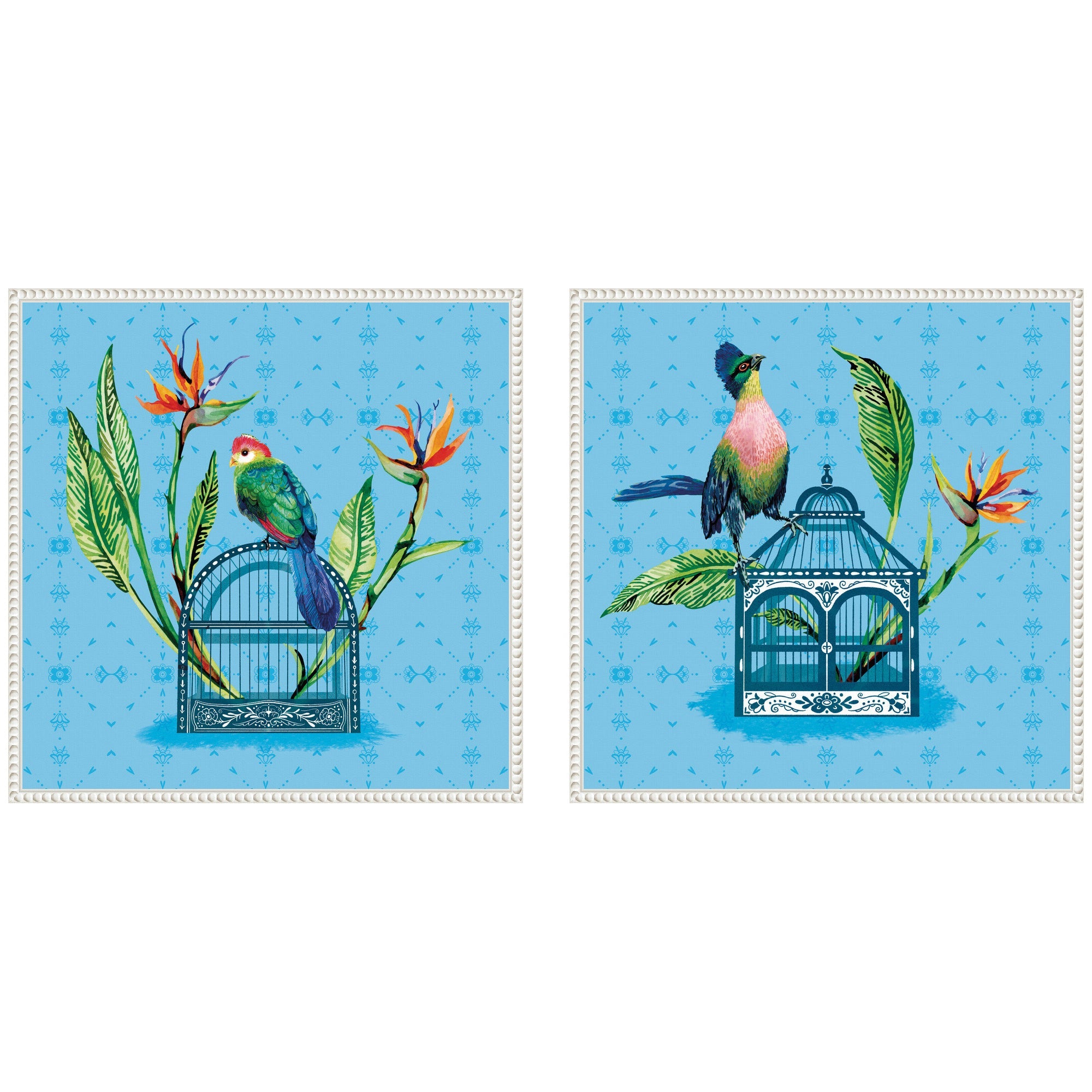Two framed square canvas prints titled Uncaged No.
1 and No.
2 by Lucia Gianello in Sylvie Beaded frames, hung side by side on a white wall.