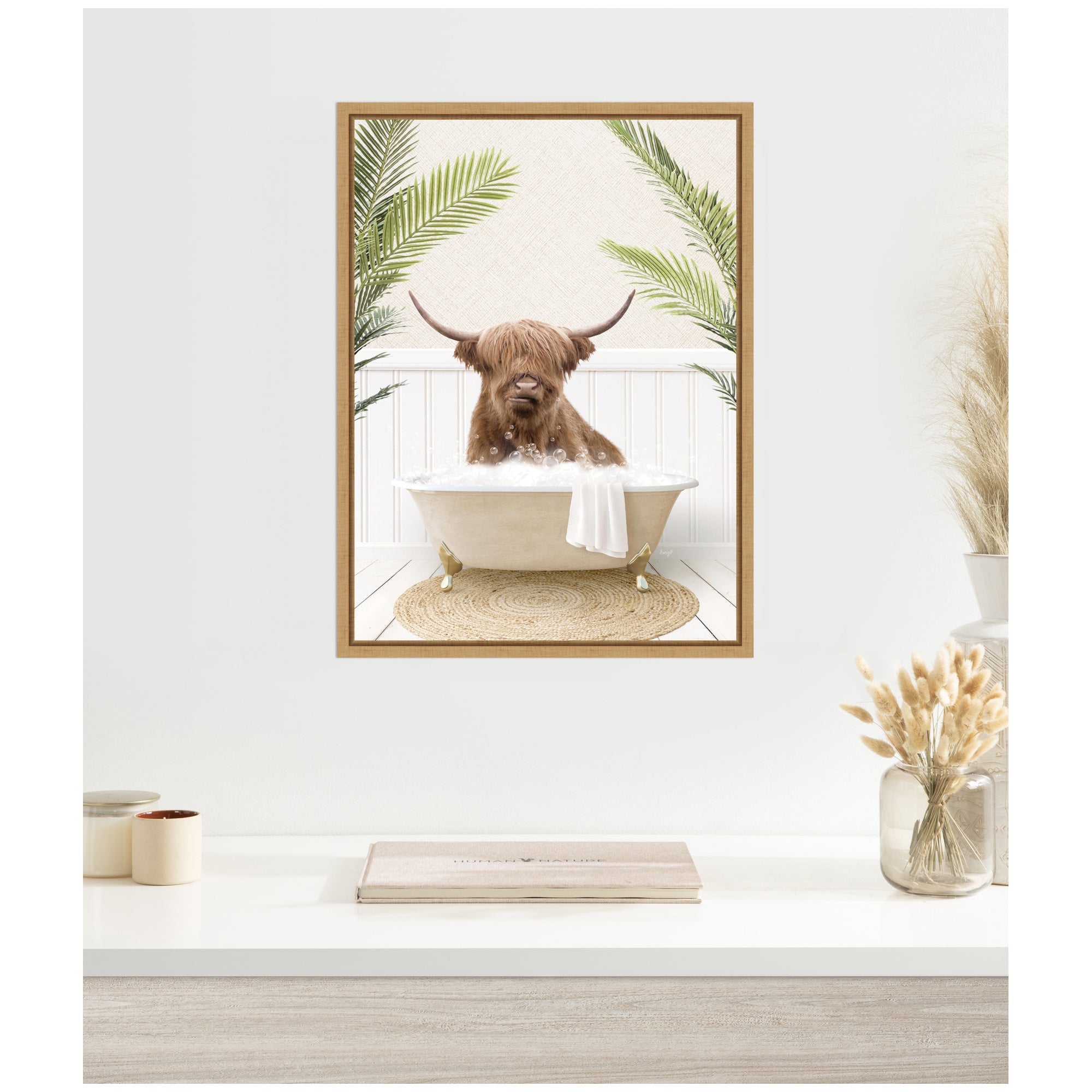Sylvie Highland Cow in Palm Bathtub Framed Canvas by Amy Peterson