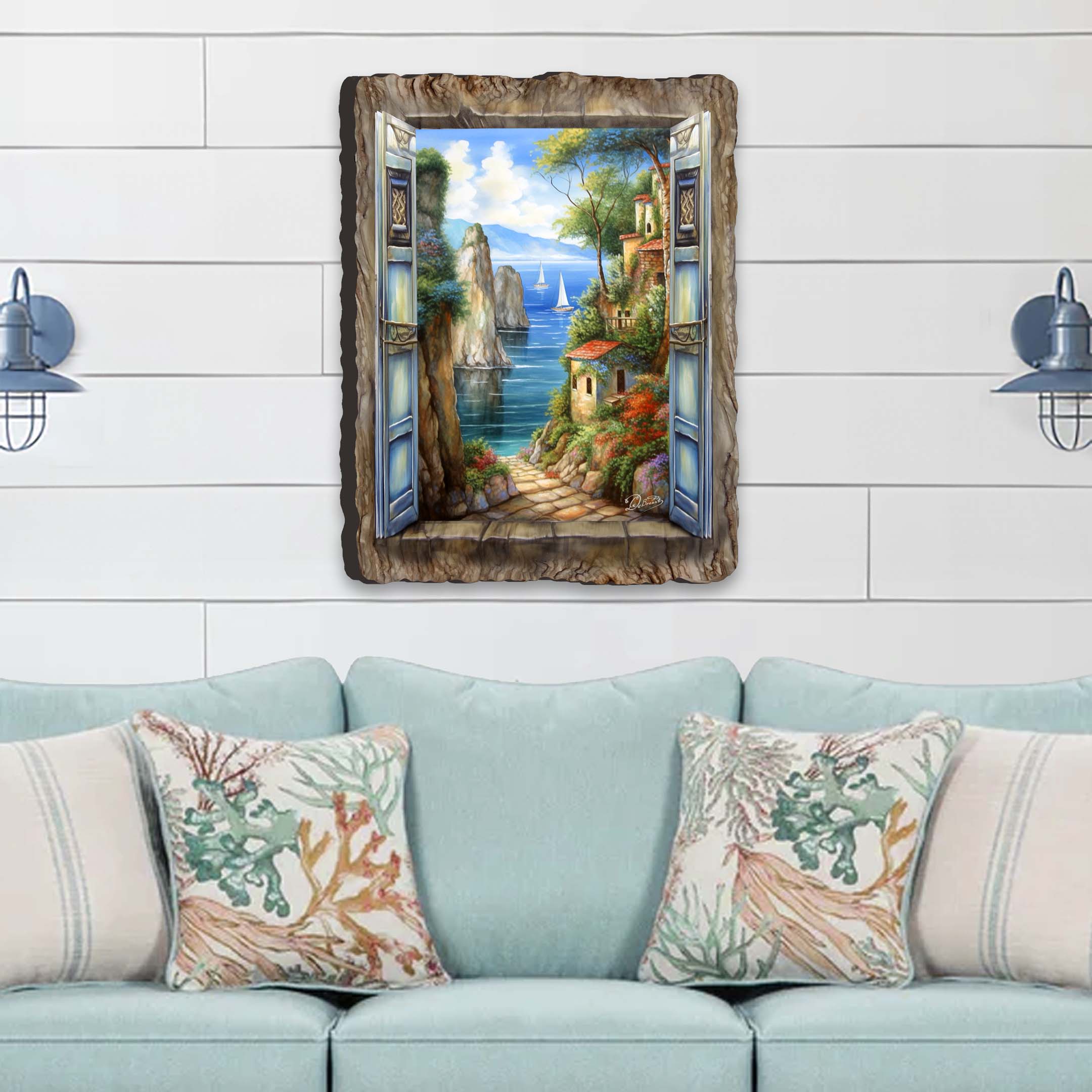 Seaside Town Window Wall Art showing a coastal view with buildings and landscape in warm tones