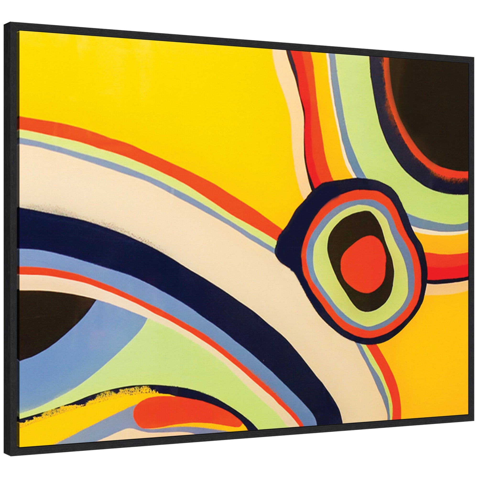 Framed floating canvas art featuring a bright abstract composition with bold colors and dynamic shapes.