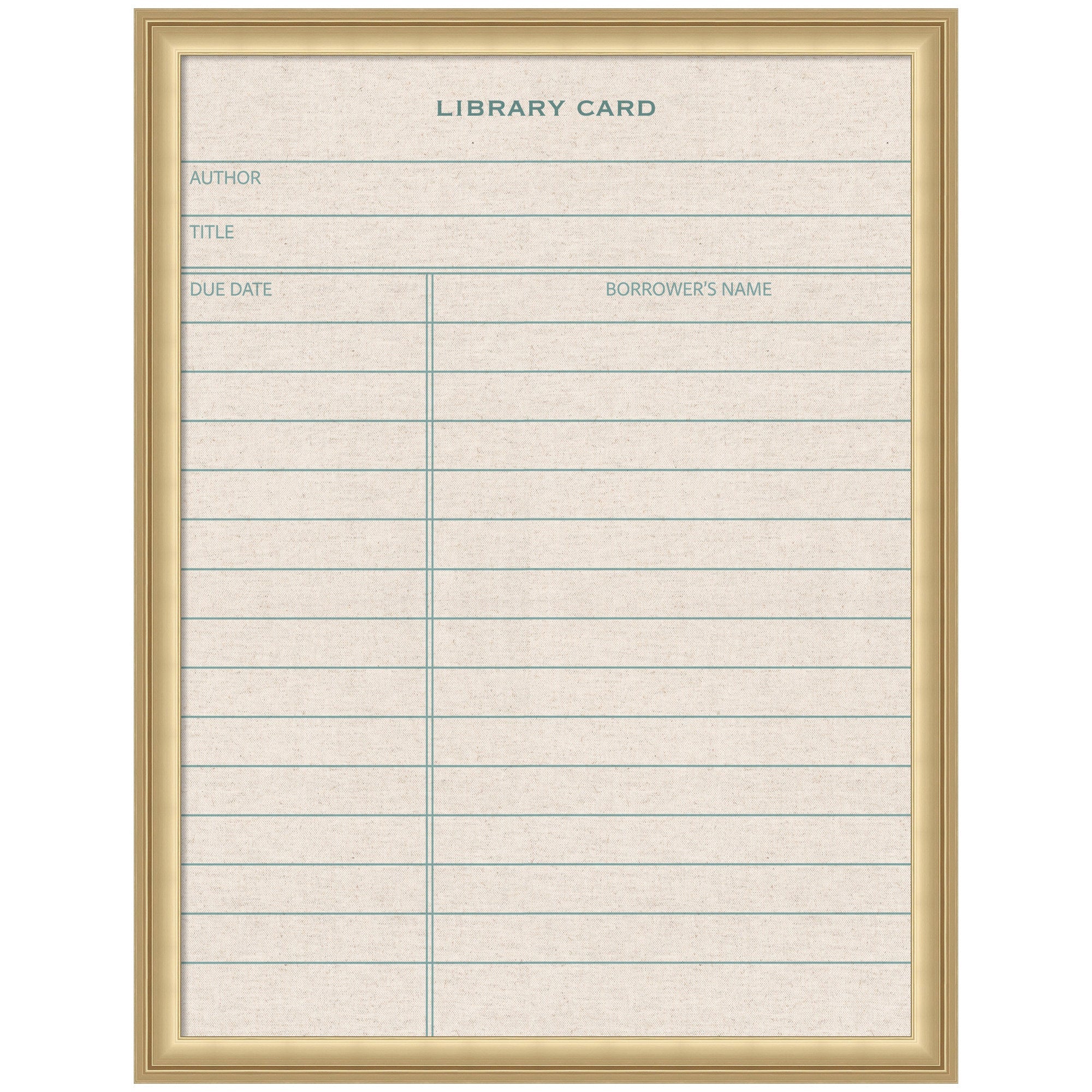 Framed fabric pinboard with vintage beige library card design and green lined fields hung on wall